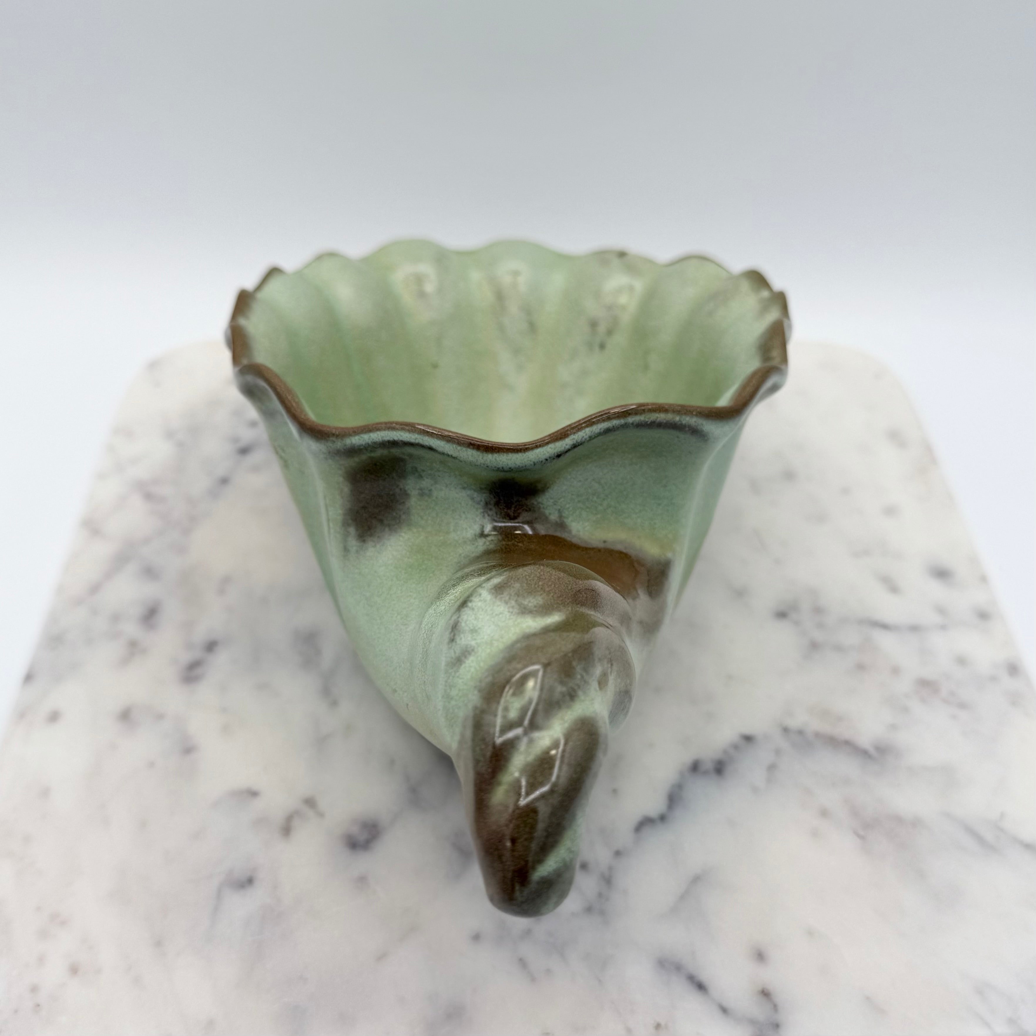 Vintage Frankoma Pottery cornucopia in green and brown glaze. Marked 'Frankoma 222'. Excellent collectible seasonal decor.