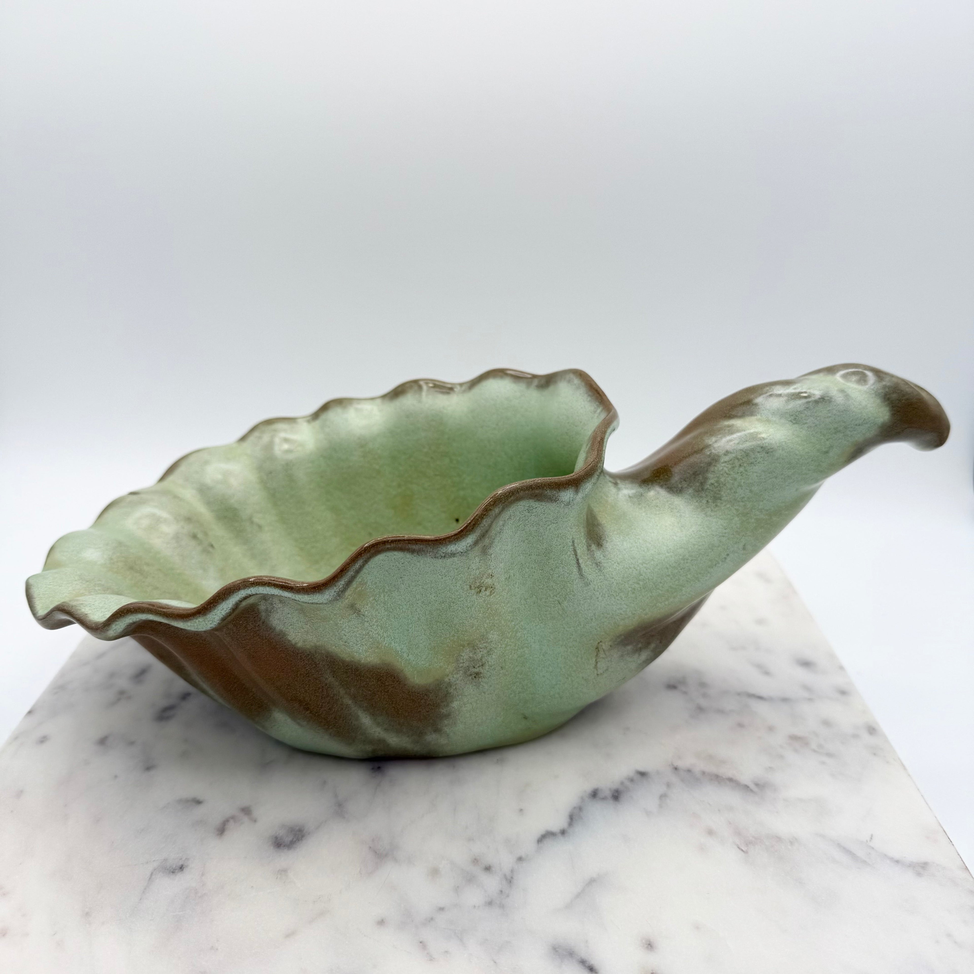 Vintage Frankoma Pottery cornucopia in green and brown glaze. Marked 'Frankoma 222'. Excellent collectible seasonal decor.