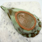 Vintage Frankoma Pottery cornucopia in green and brown glaze. Marked 'Frankoma 222'. Excellent collectible seasonal decor.
