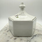 Vintage ceramic lidded box with hand painted peony blossoms. Elegant floral collectible for display or storage.