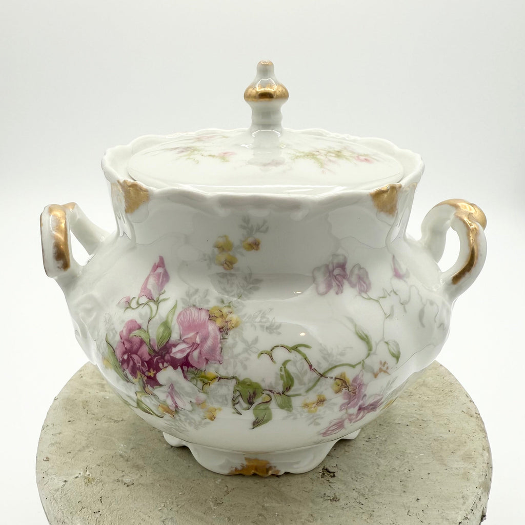 Antique Limoges floral sugar bowl and creamer with gold accents