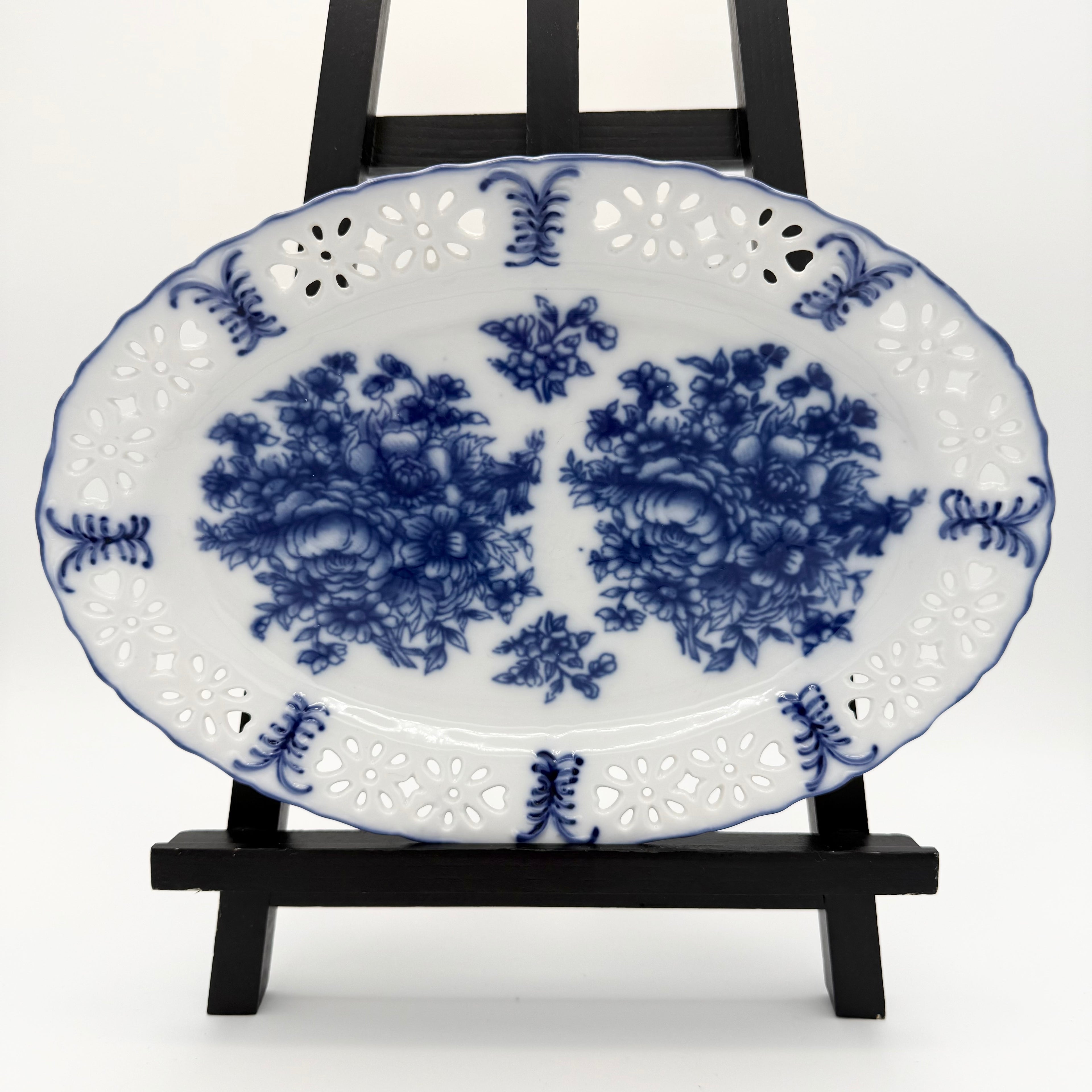 Vintage Oval Pierced Blue and White Transferware Porcelain Plate