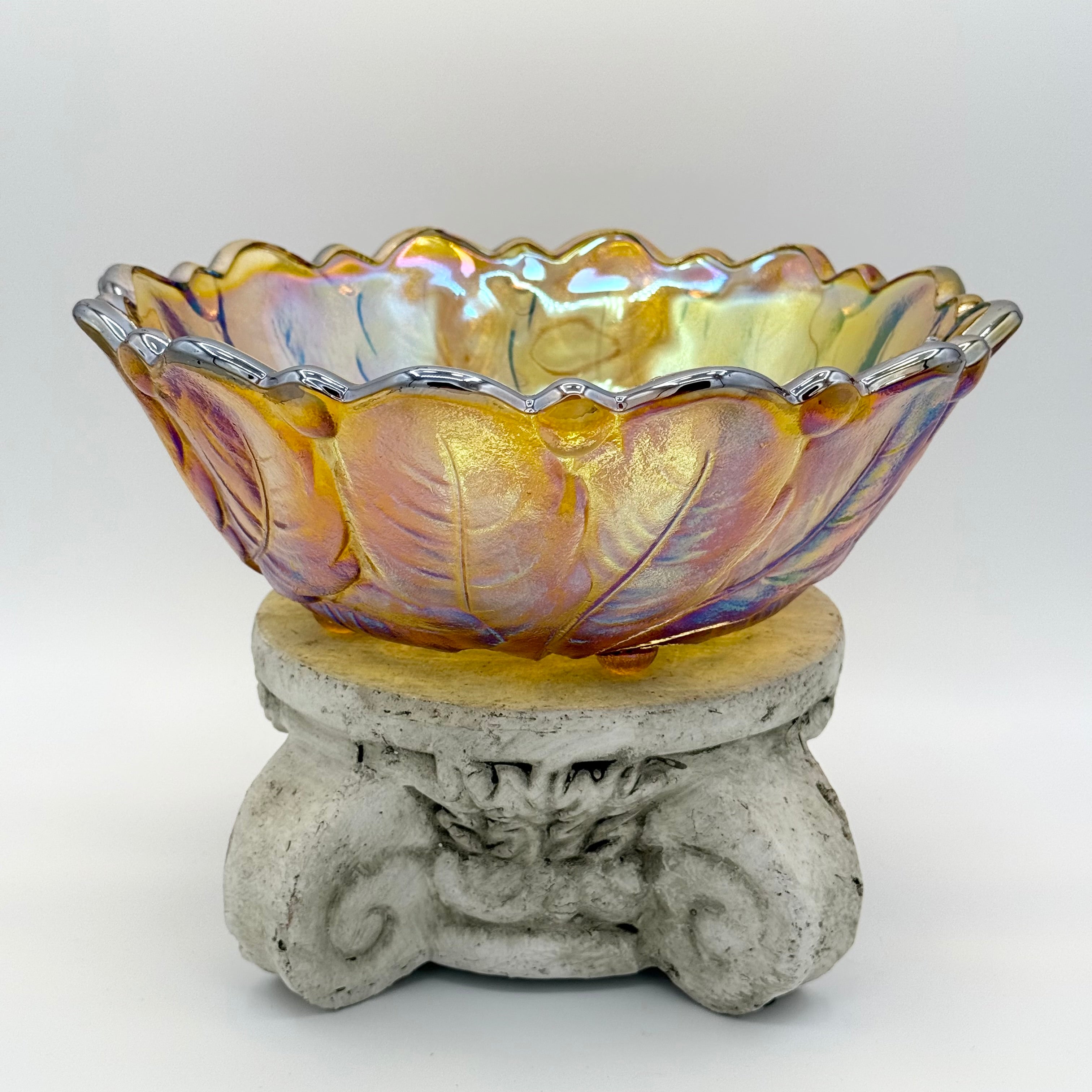 Indiana Carnival Glass Lily Pons Bowl In Iridescent Marigold, Large