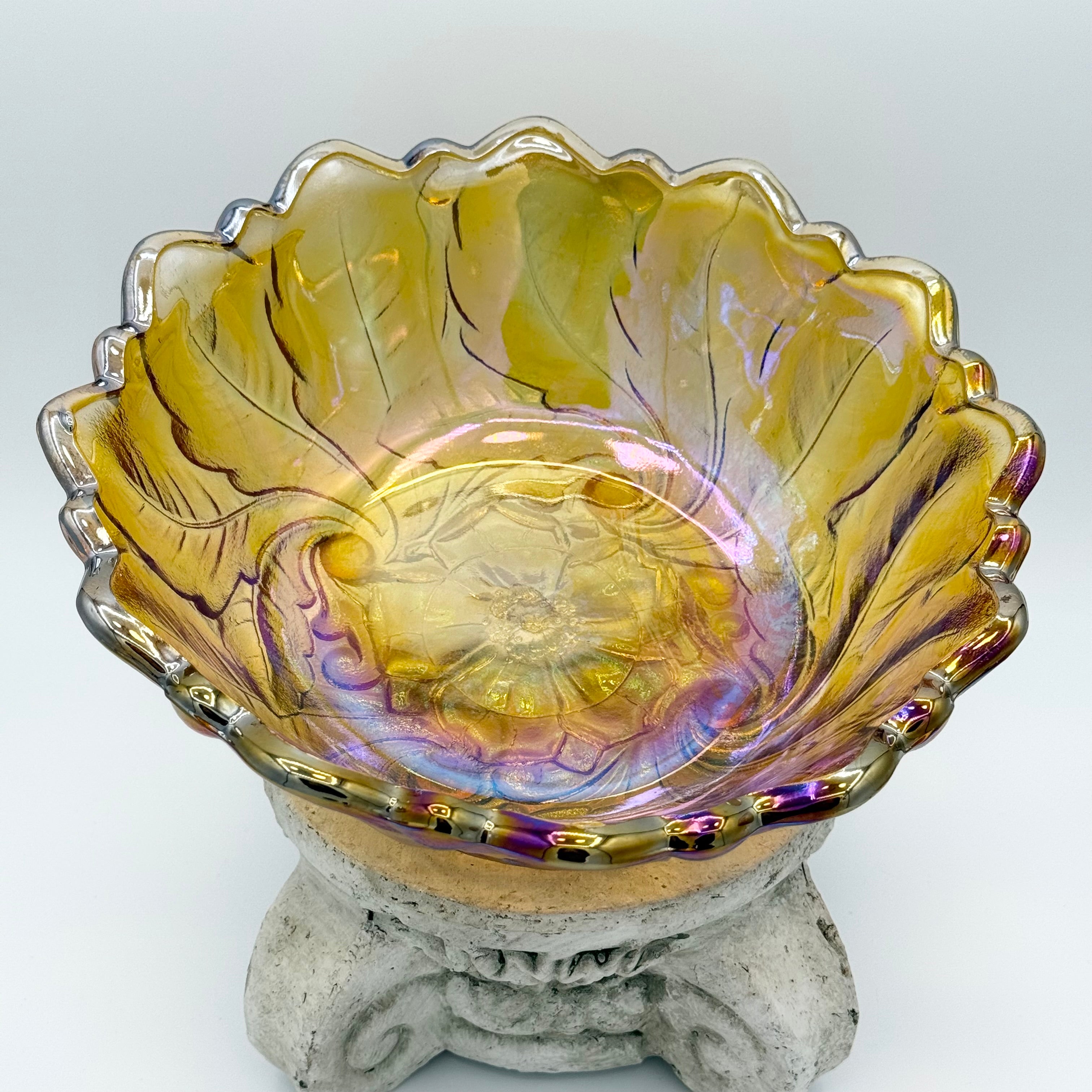Indiana Carnival Glass Lily Pons Bowl In Iridescent Marigold, Large