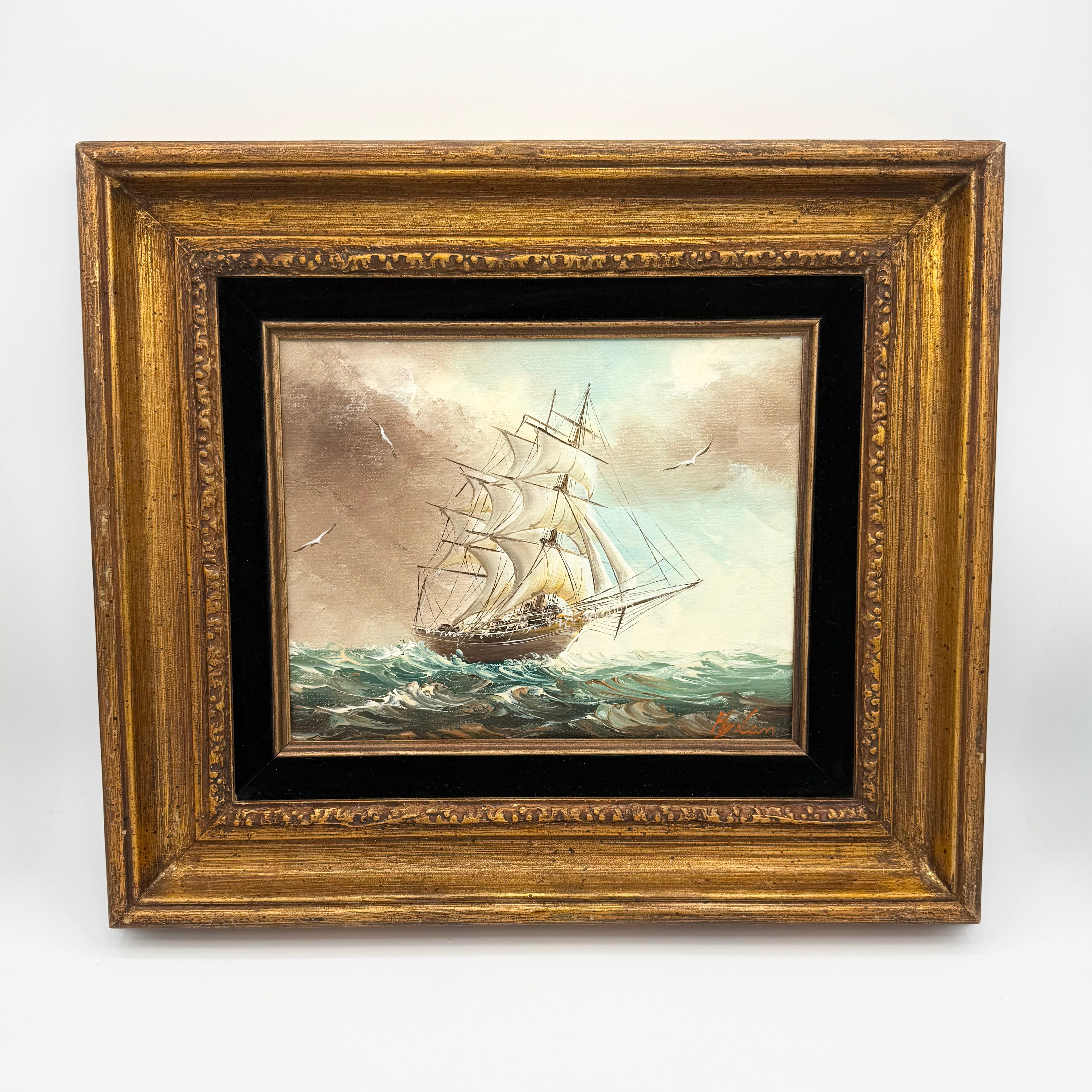Vintage Original Signed Oil Painting of a Clipper Ship in an Ornate Gold Gilt Wood Frame with Black Velvet Inlay