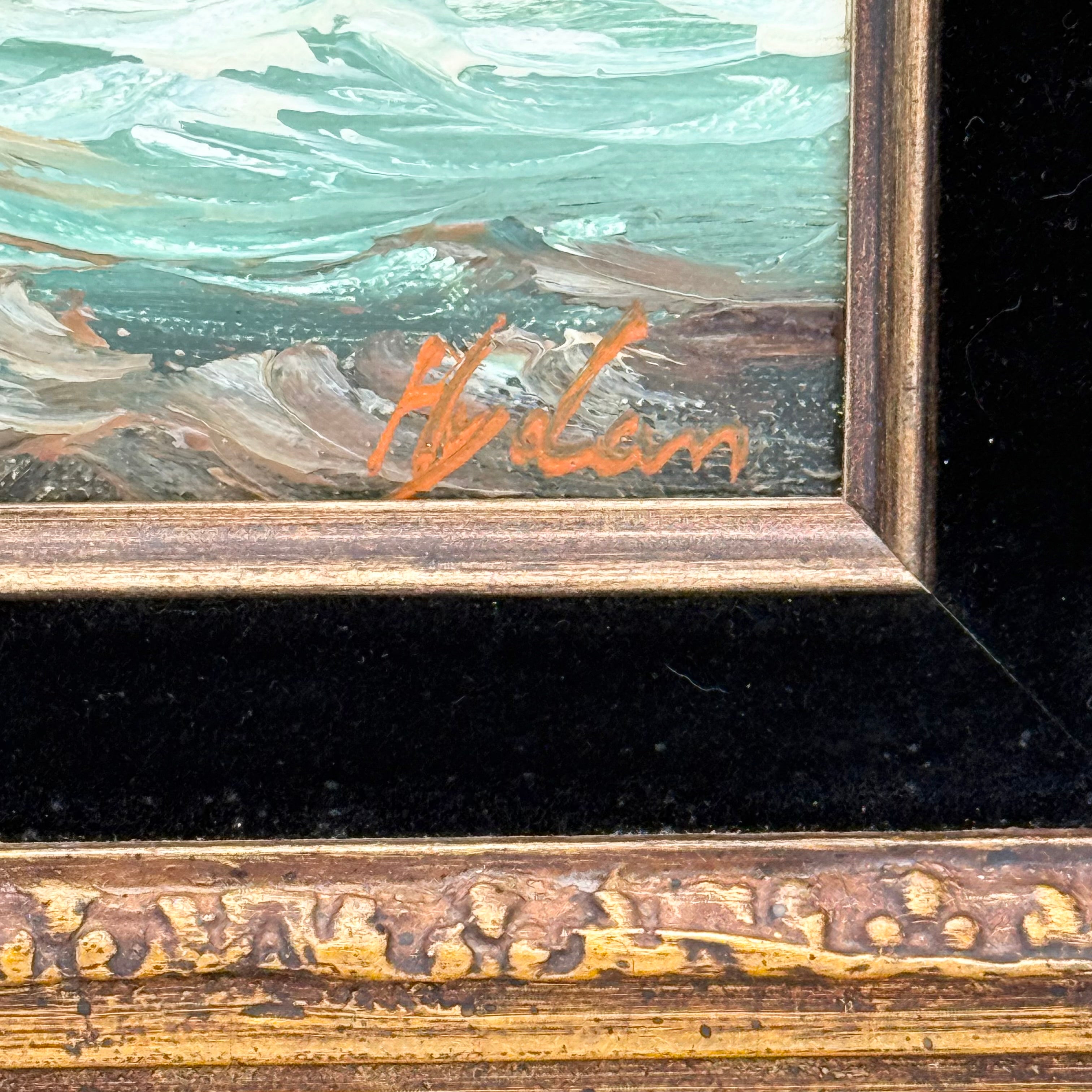 Vintage Original Signed Oil Painting of a Clipper Ship in an Ornate Gold Gilt Wood Frame with Black Velvet Inlay