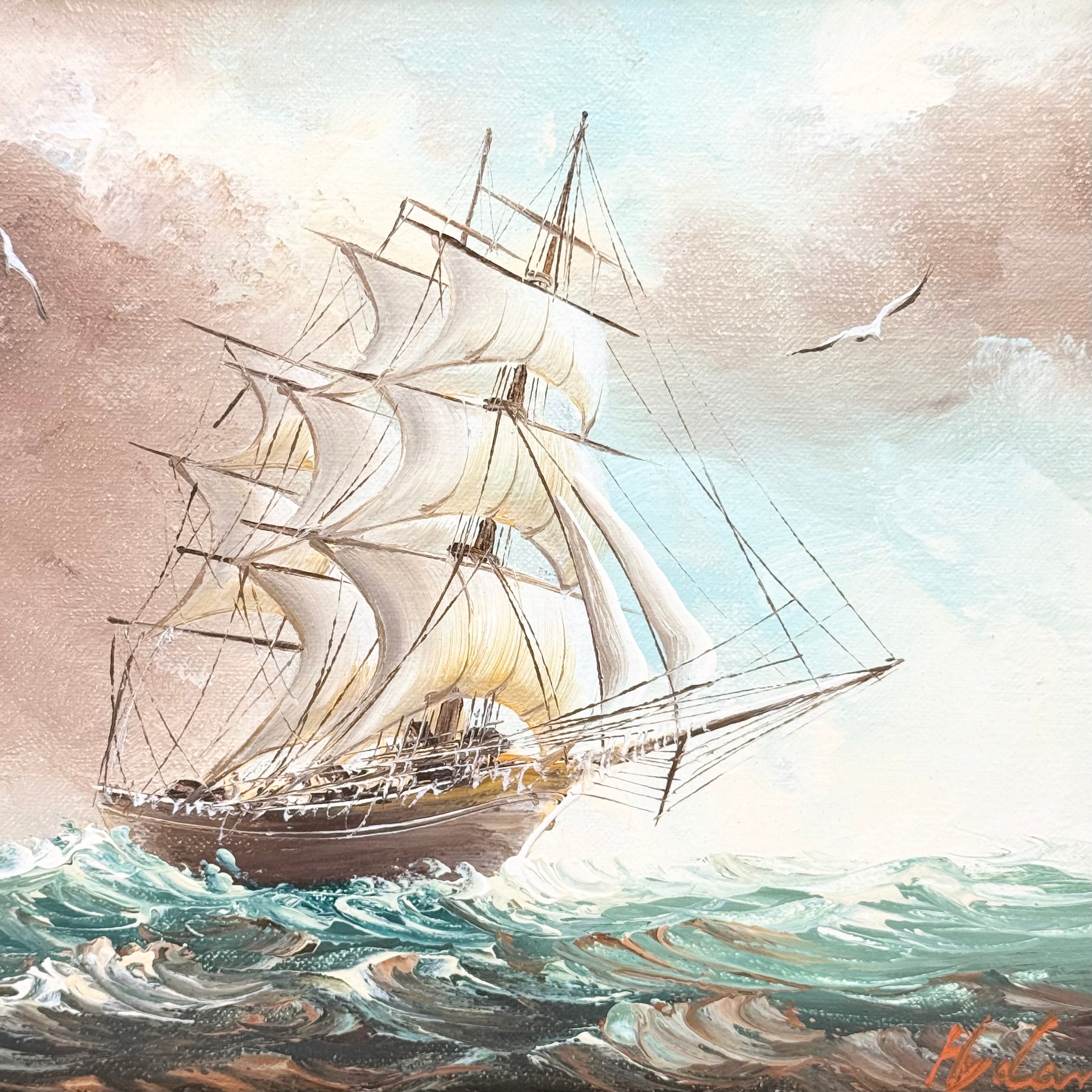 Vintage Original Signed Oil Painting of a Clipper Ship in an Ornate Gold Gilt Wood Frame with Black Velvet Inlay