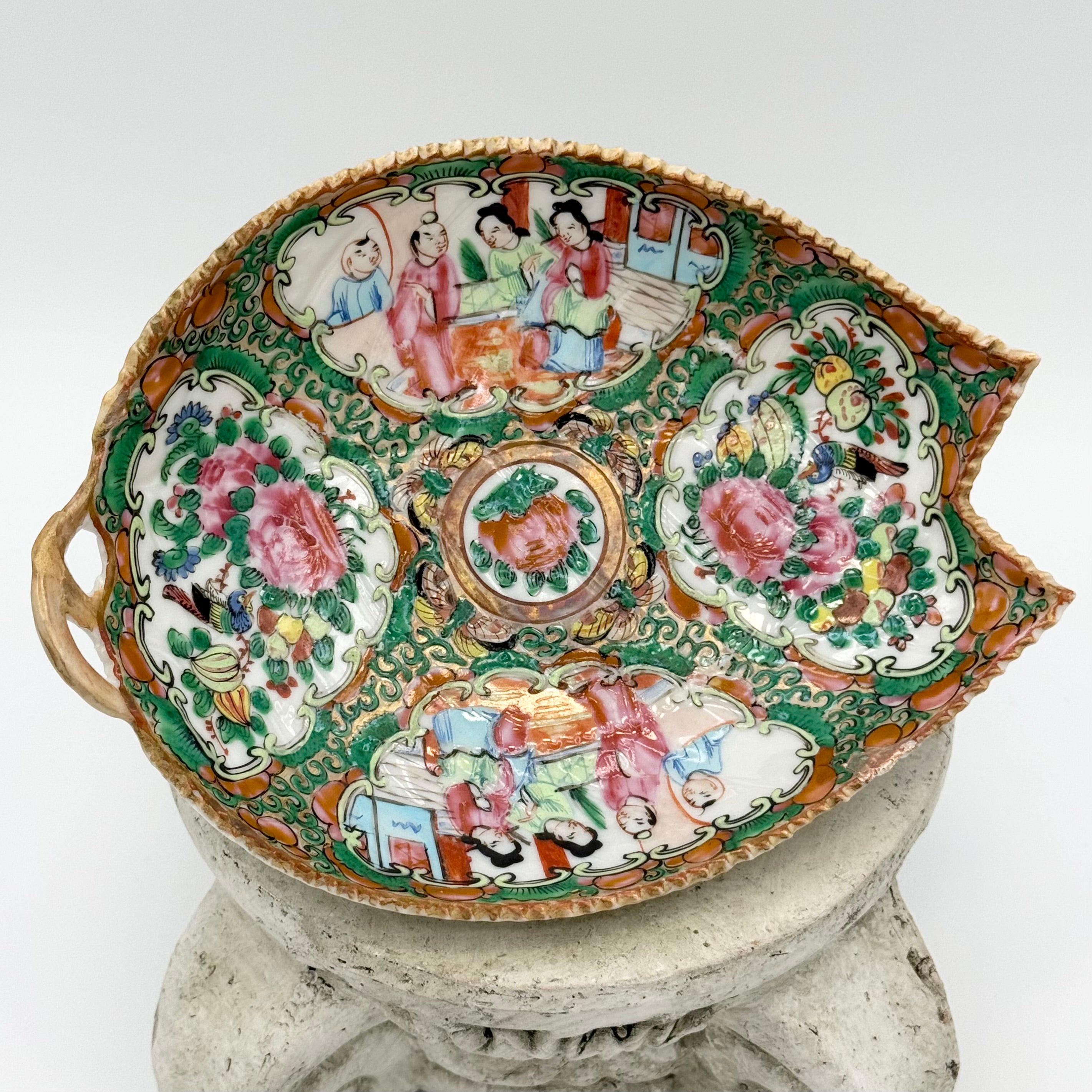 Antique Rose Medallion Hand Painted Leaf Shaped Trinket Dish