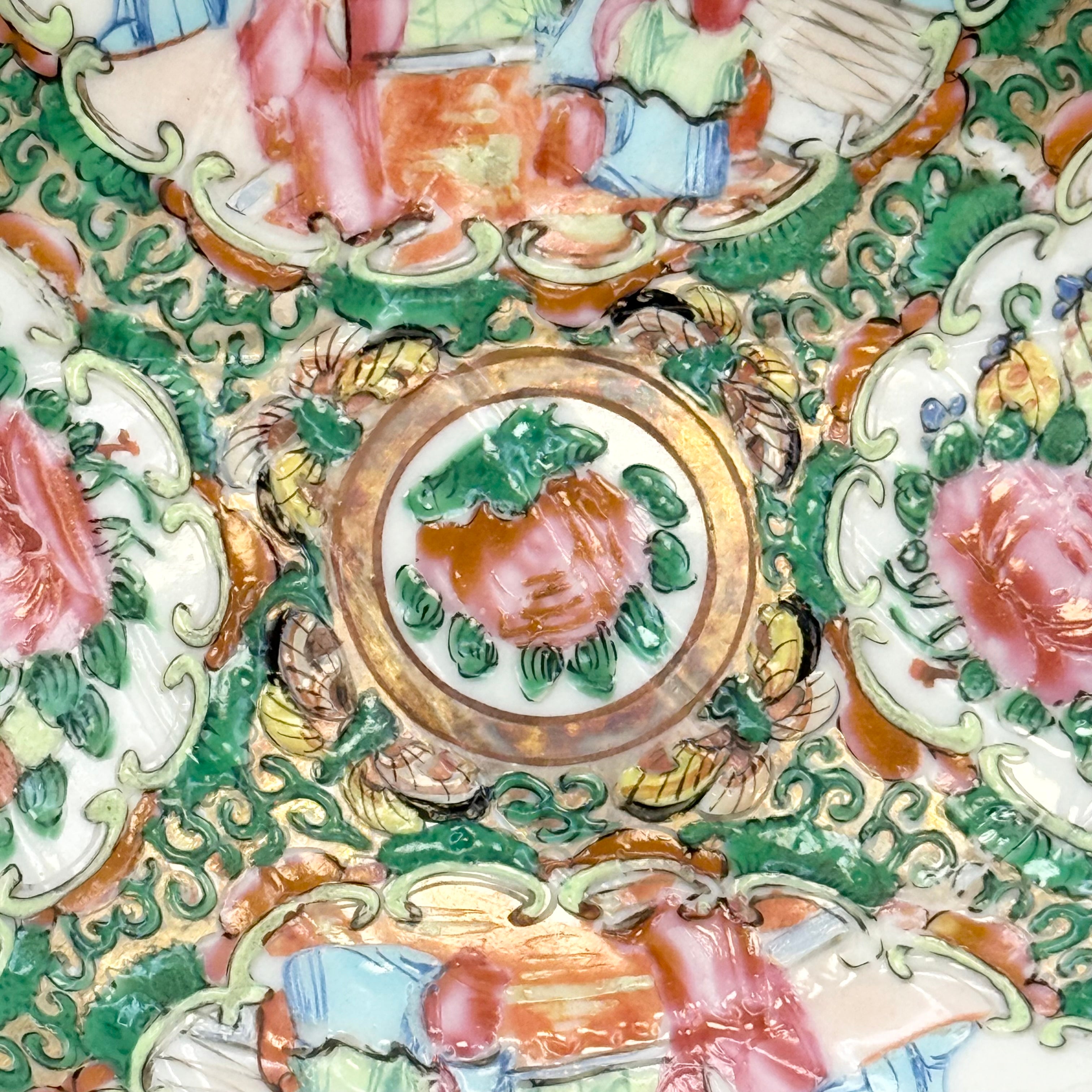 Antique Rose Medallion Hand Painted Leaf Shaped Trinket Dish
