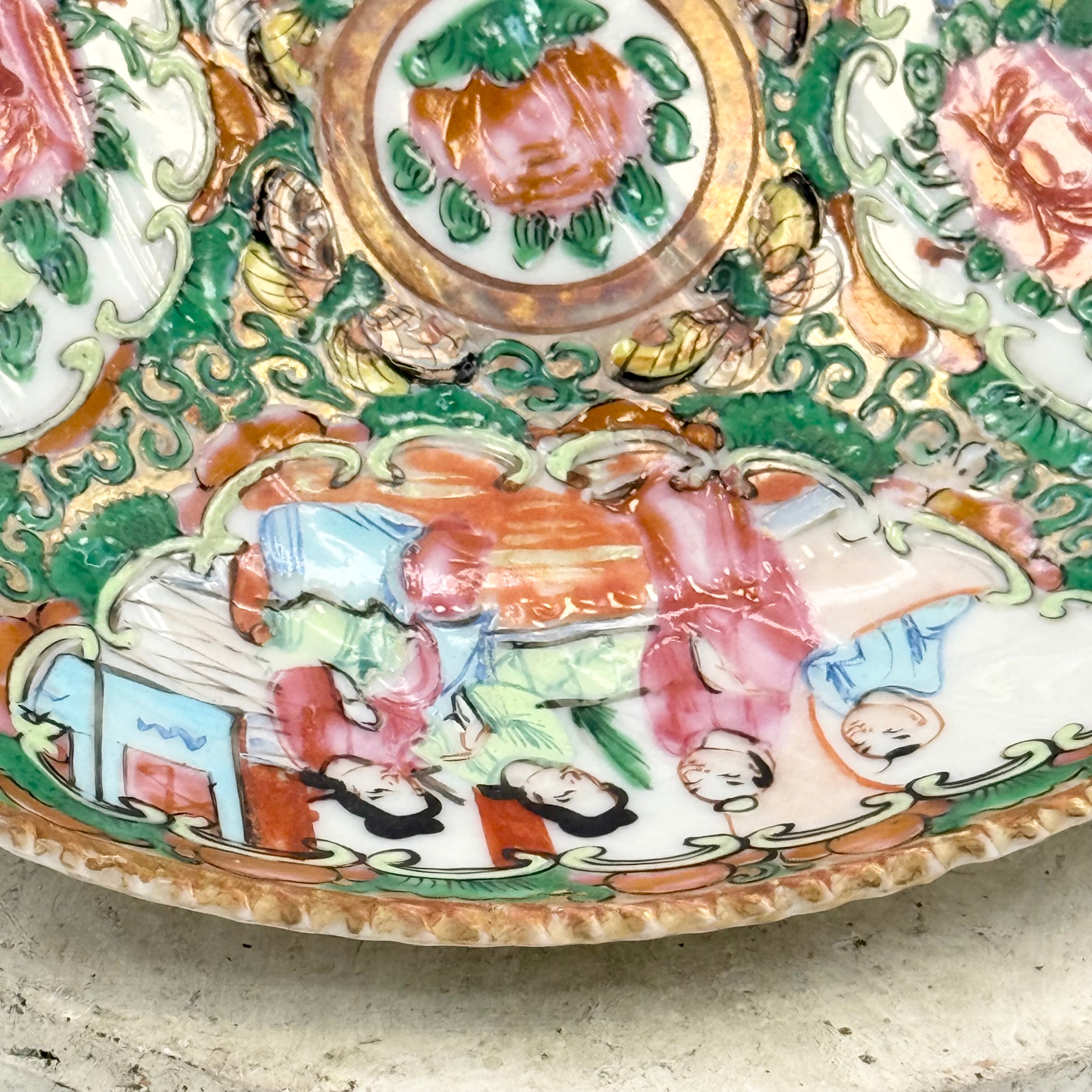 Antique Rose Medallion Hand Painted Leaf Shaped Trinket Dish