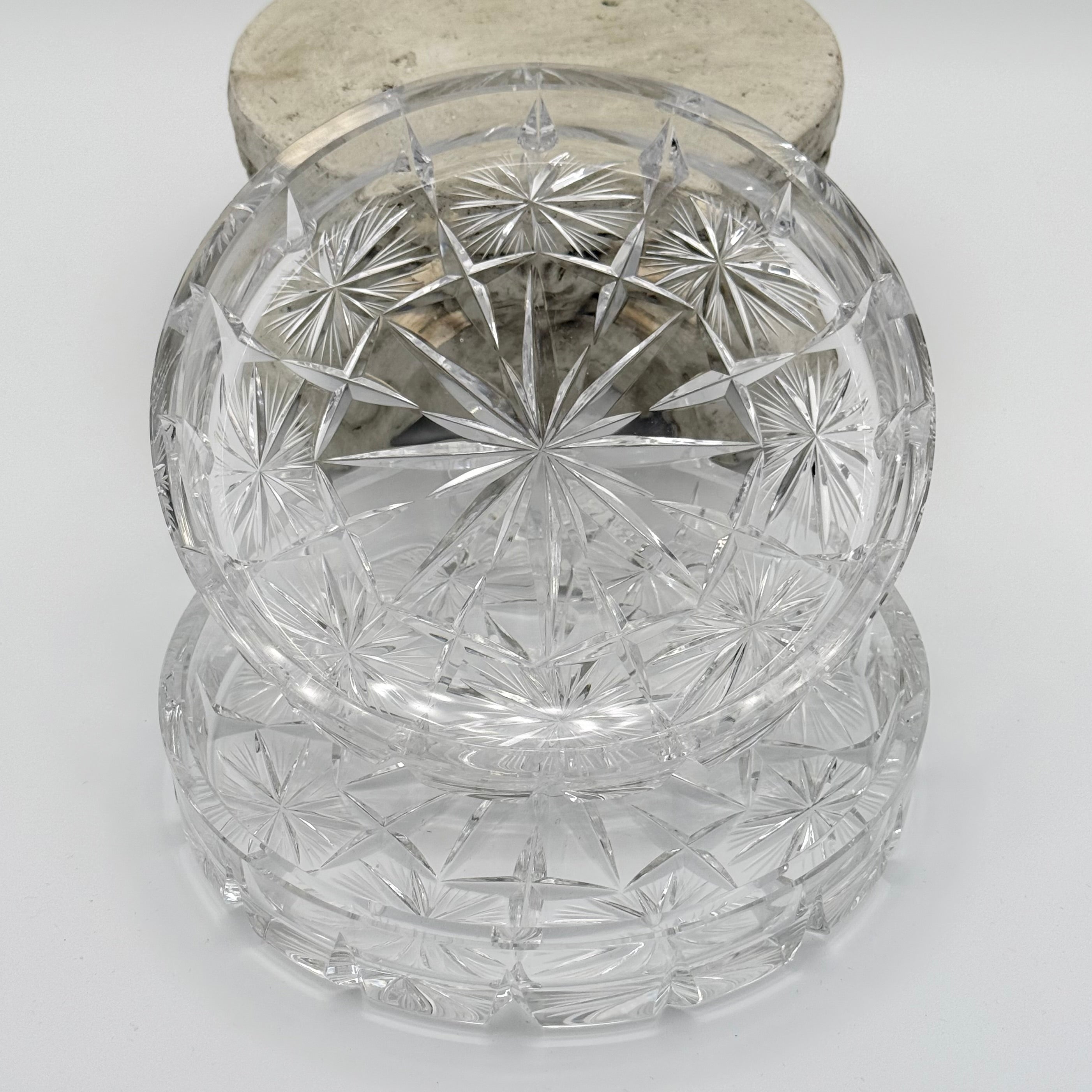 24% Lead Crystal Shallow Round Trinket / Nut Dish, Champagne Coaster, Set of 2