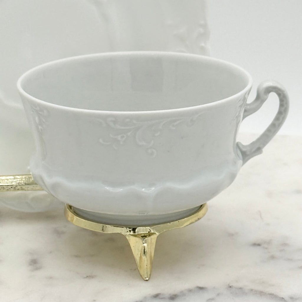 Antique O. & E.G. Royal Austria Ornate White Porcelain Footed Tea Cup and Saucer