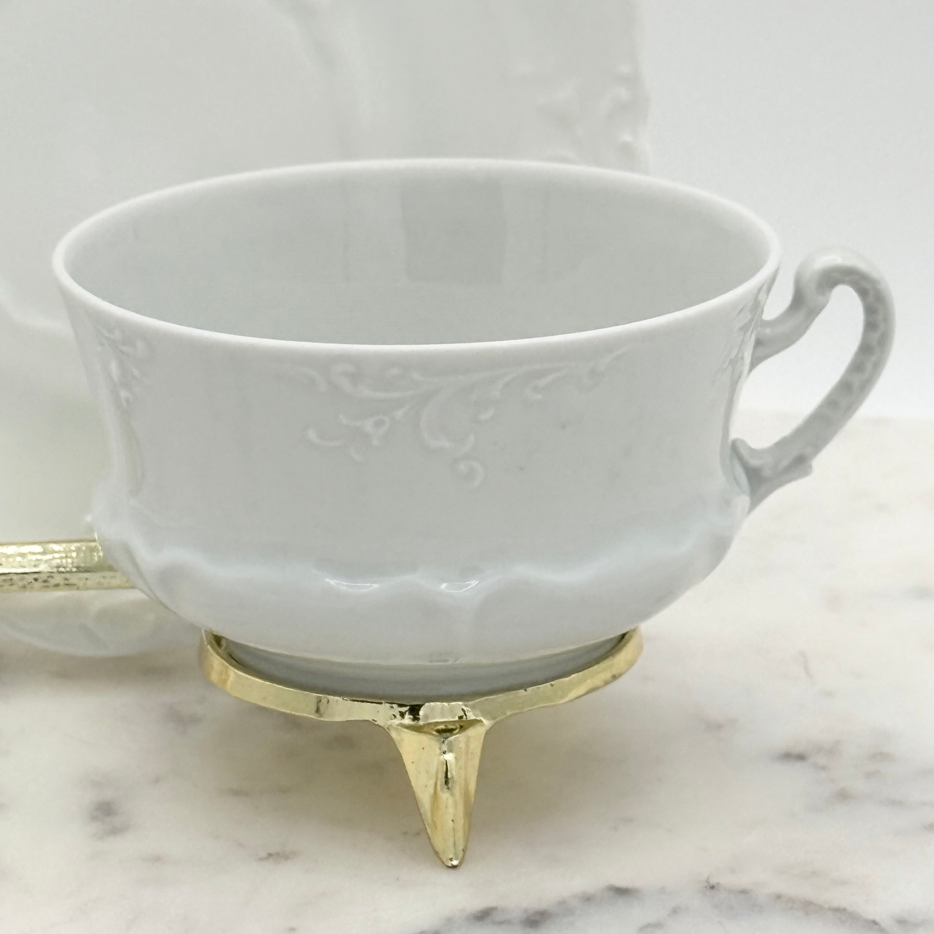 Antique O. & E.G. Royal Austria Ornate White Porcelain Footed Tea Cup and Saucer