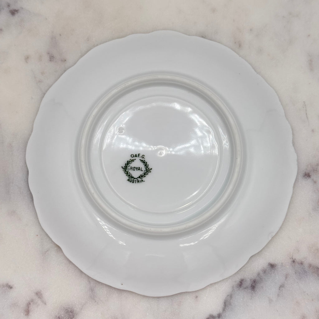 Antique O. & E.G. Royal Austria Ornate White Porcelain Footed Tea Cup and Saucer