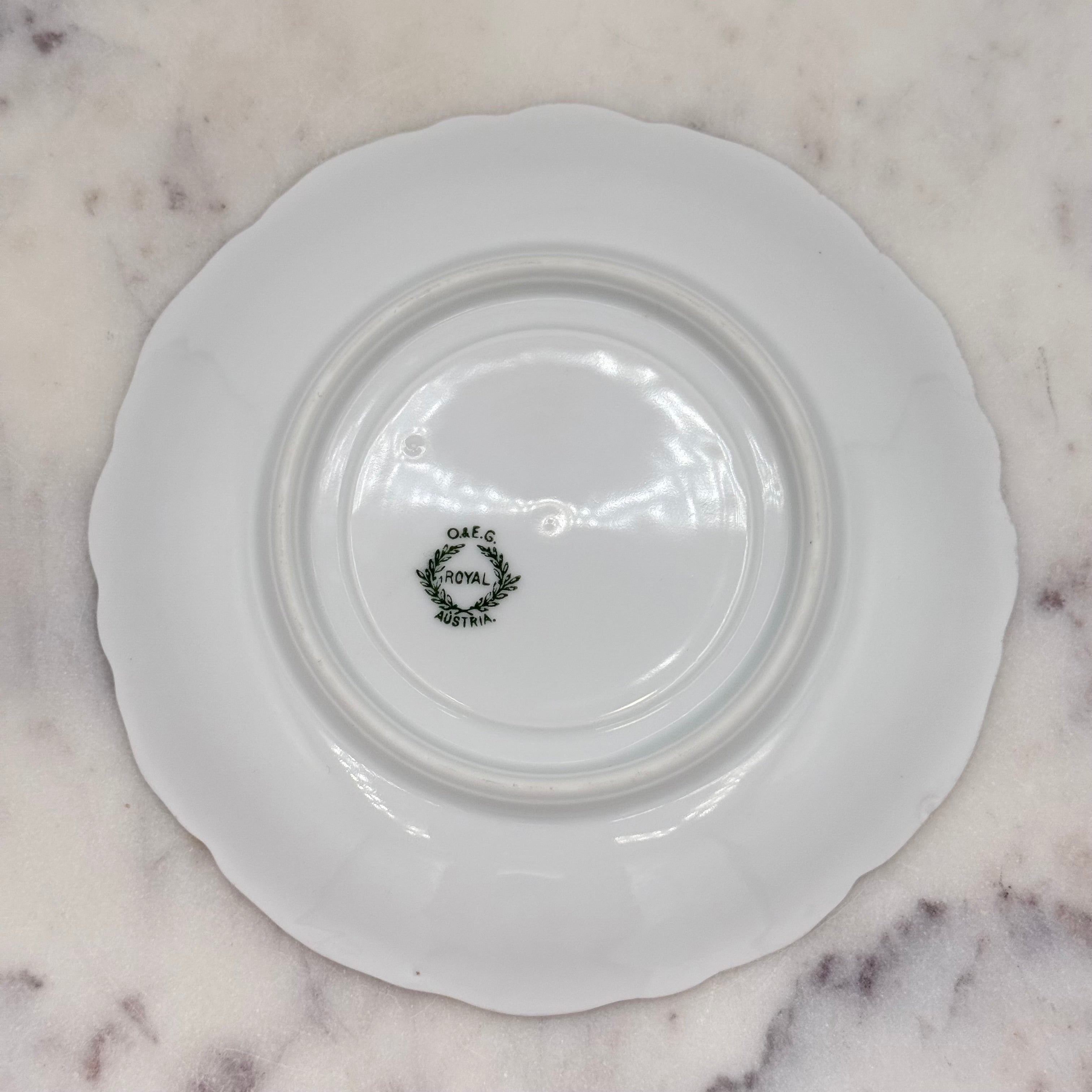 Antique O. & E.G. Royal Austria Ornate White Porcelain Footed Tea Cup and Saucer