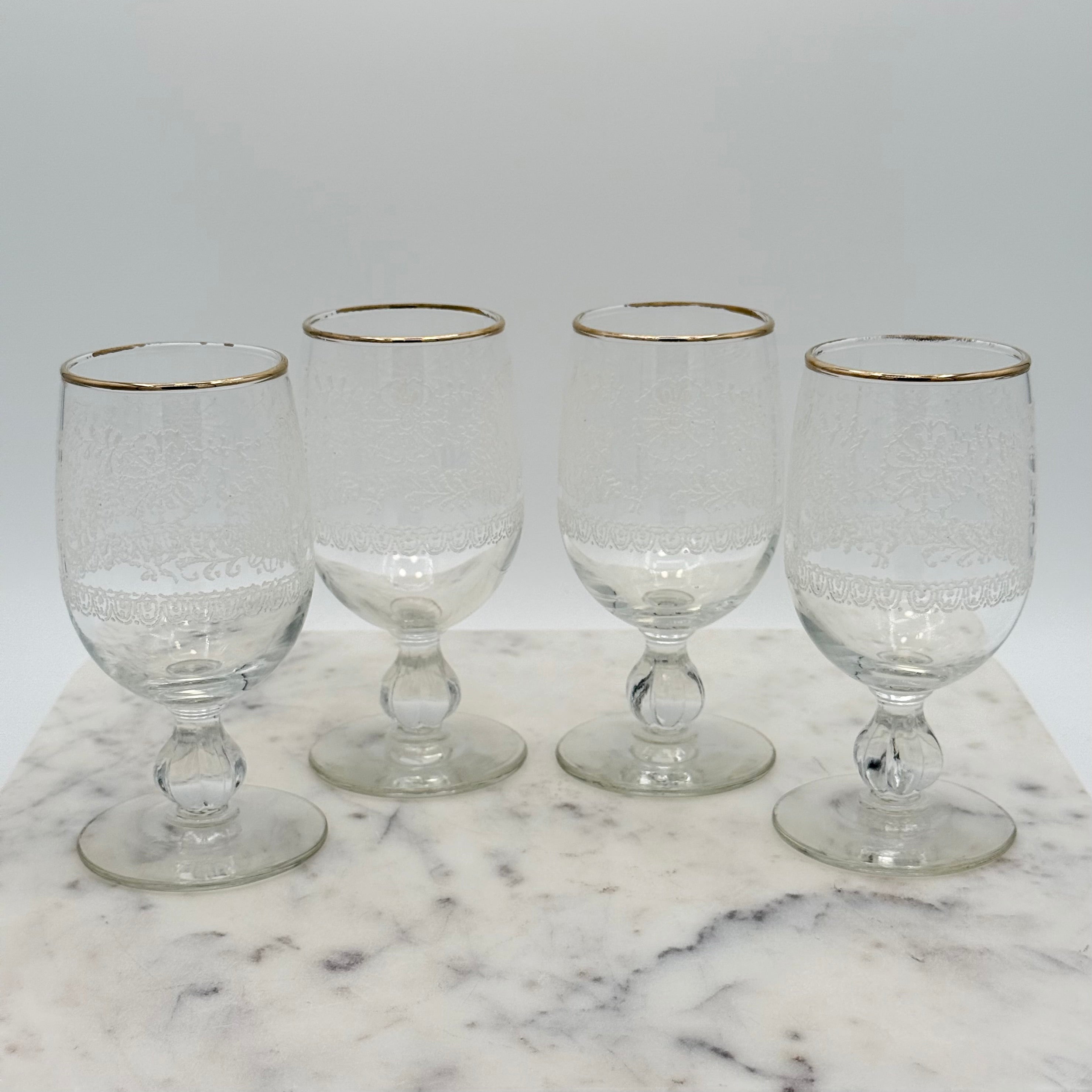 Vintage Fostoria Lace Etched Cocktail Stemmed Glasses with Gold Rim, Set of 4