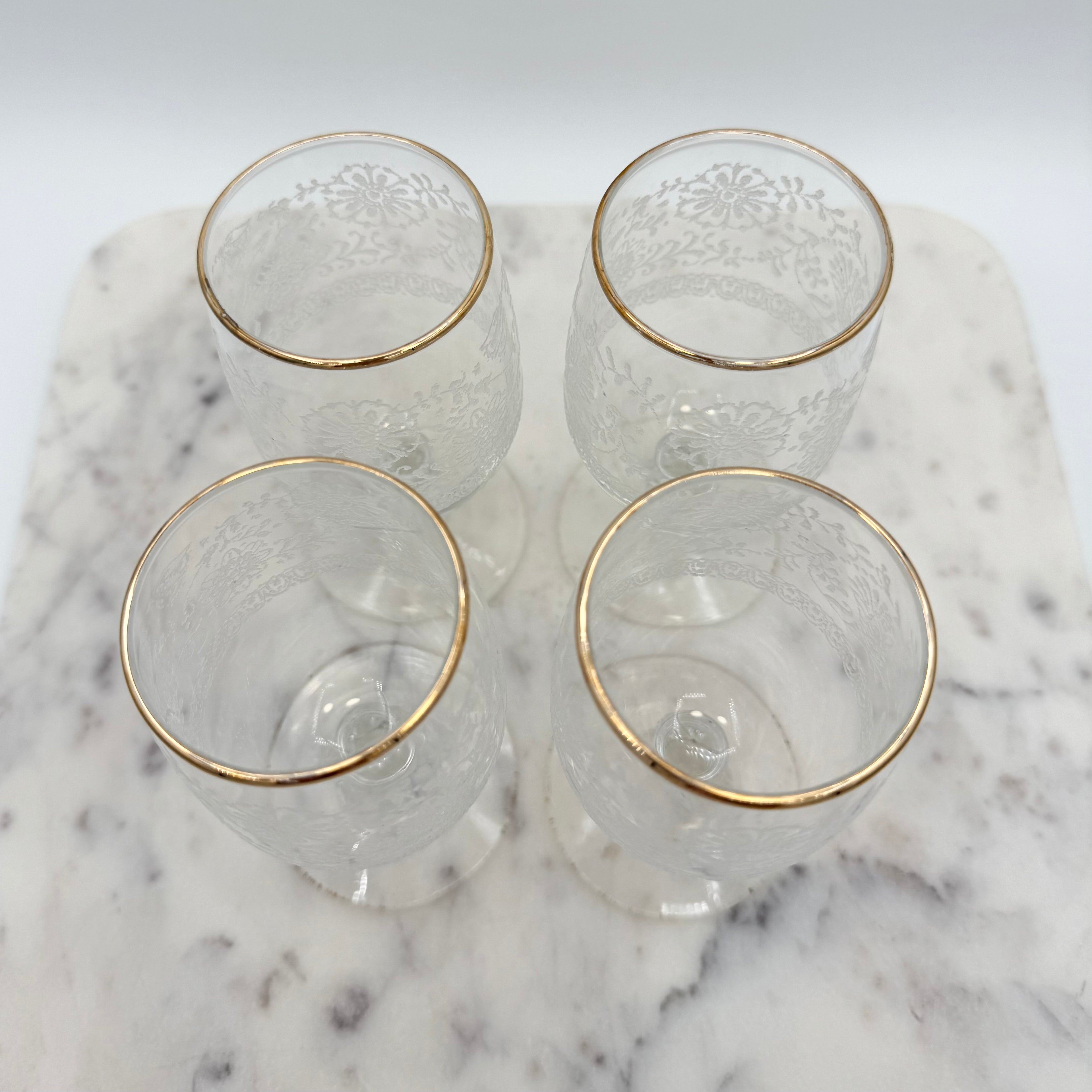 Vintage Fostoria Lace Etched Cocktail Stemmed Glasses with Gold Rim, Set of 4