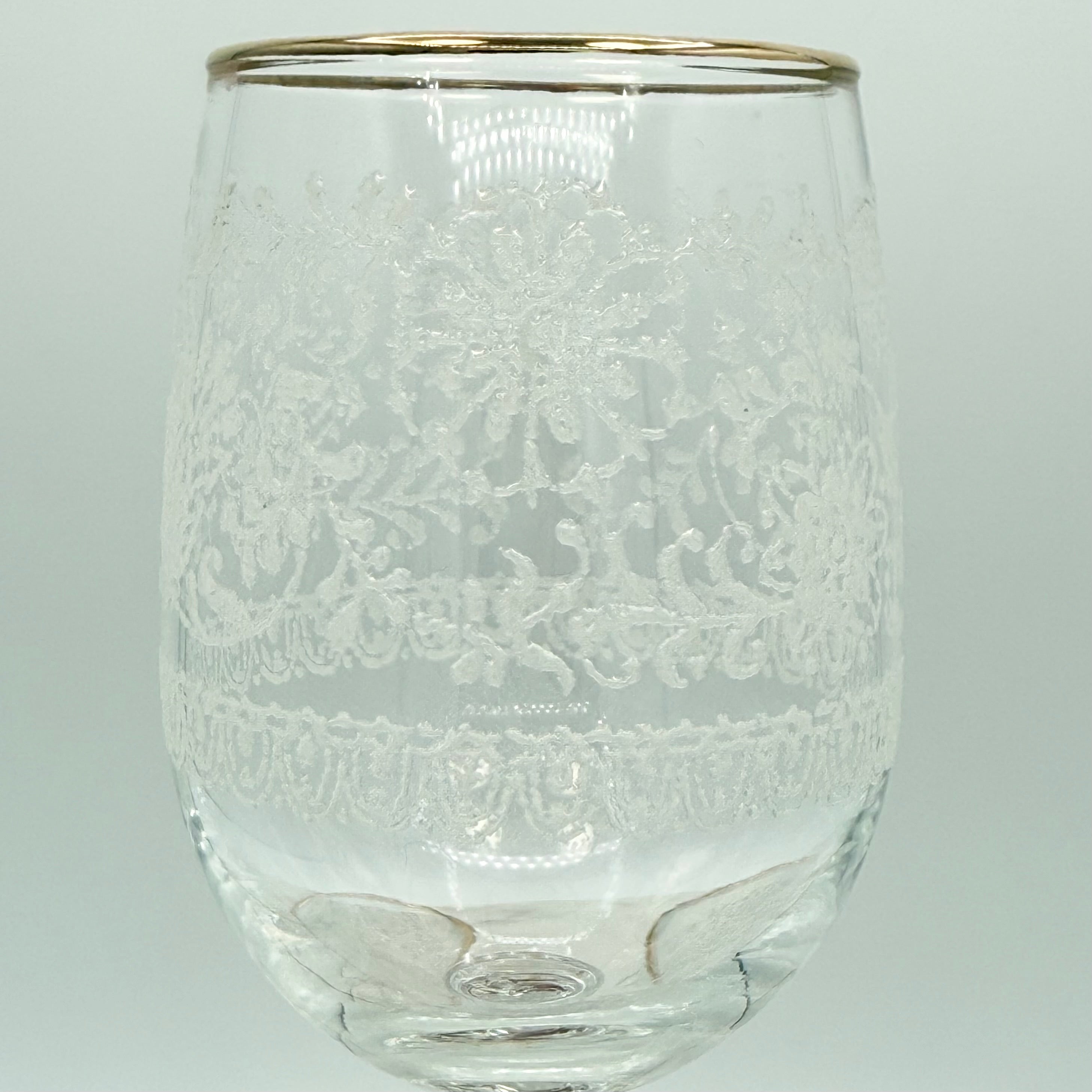 Vintage Fostoria Lace Etched Cocktail Stemmed Glasses with Gold Rim, Set of 4