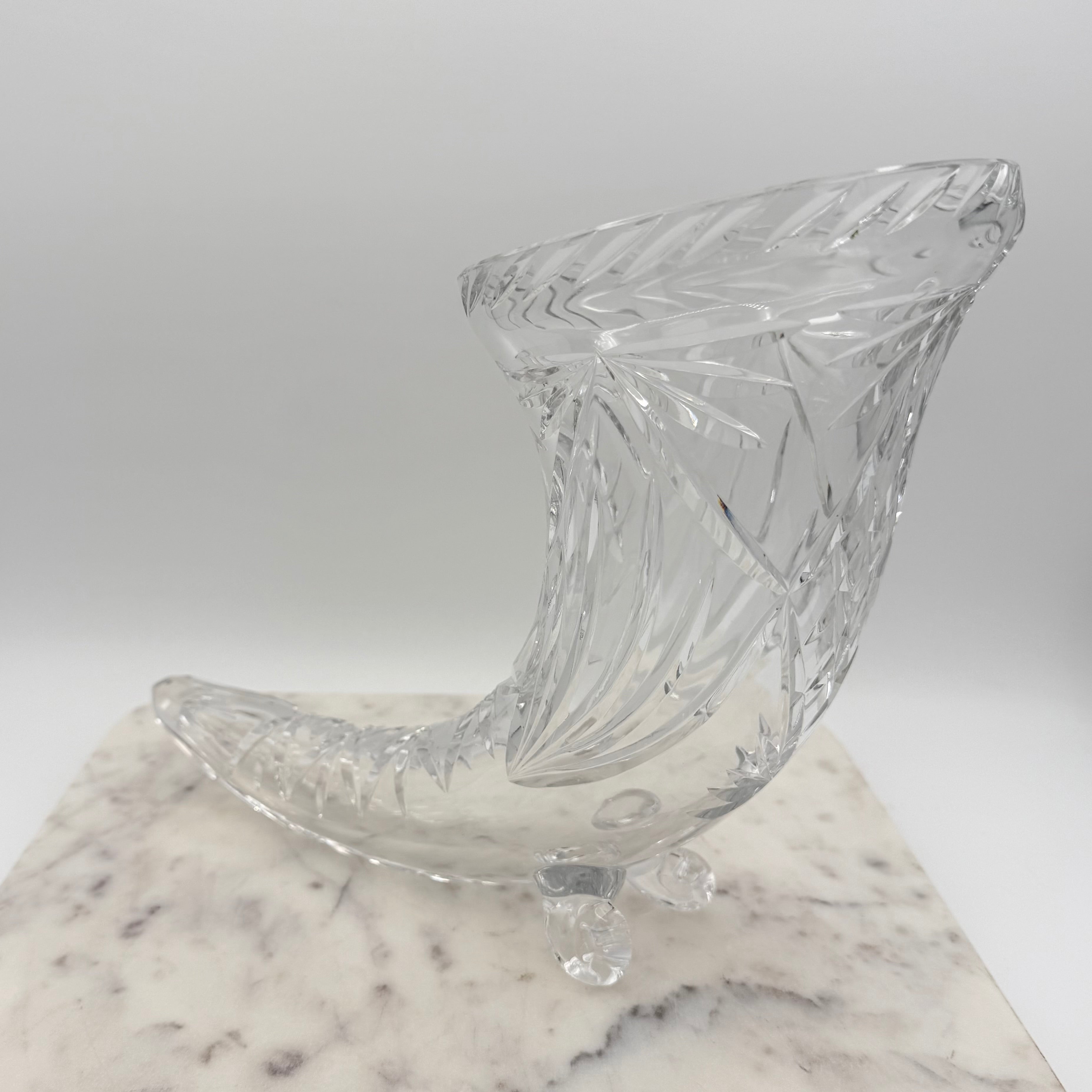 Vintage Footed 24% Lead Crystal Horn of Plenty Cornucopia Vase with Cut Facets