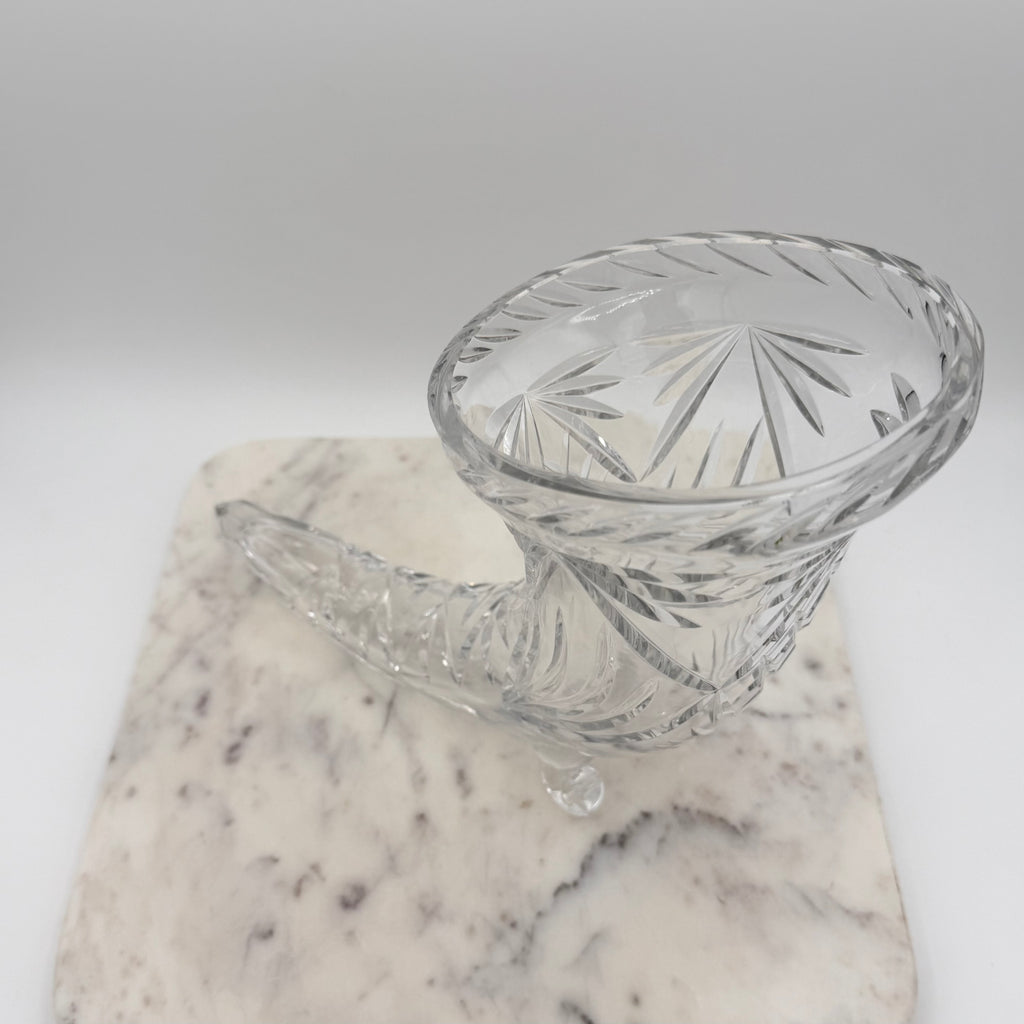 Vintage Footed 24% Lead Crystal Horn of Plenty Cornucopia Vase with Cut Facets