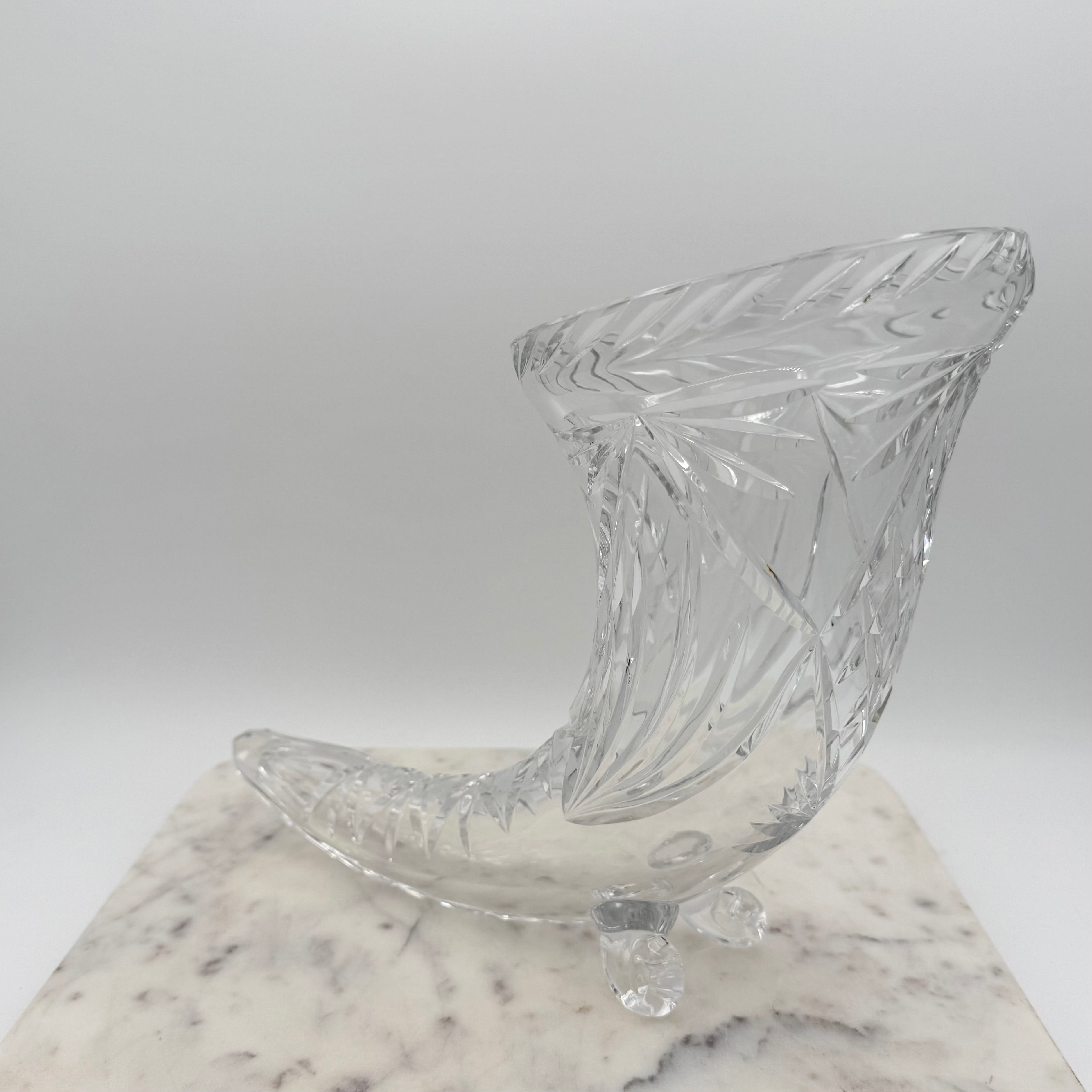 Vintage Footed 24% Lead Crystal Horn of Plenty Cornucopia Vase with Cut Facets