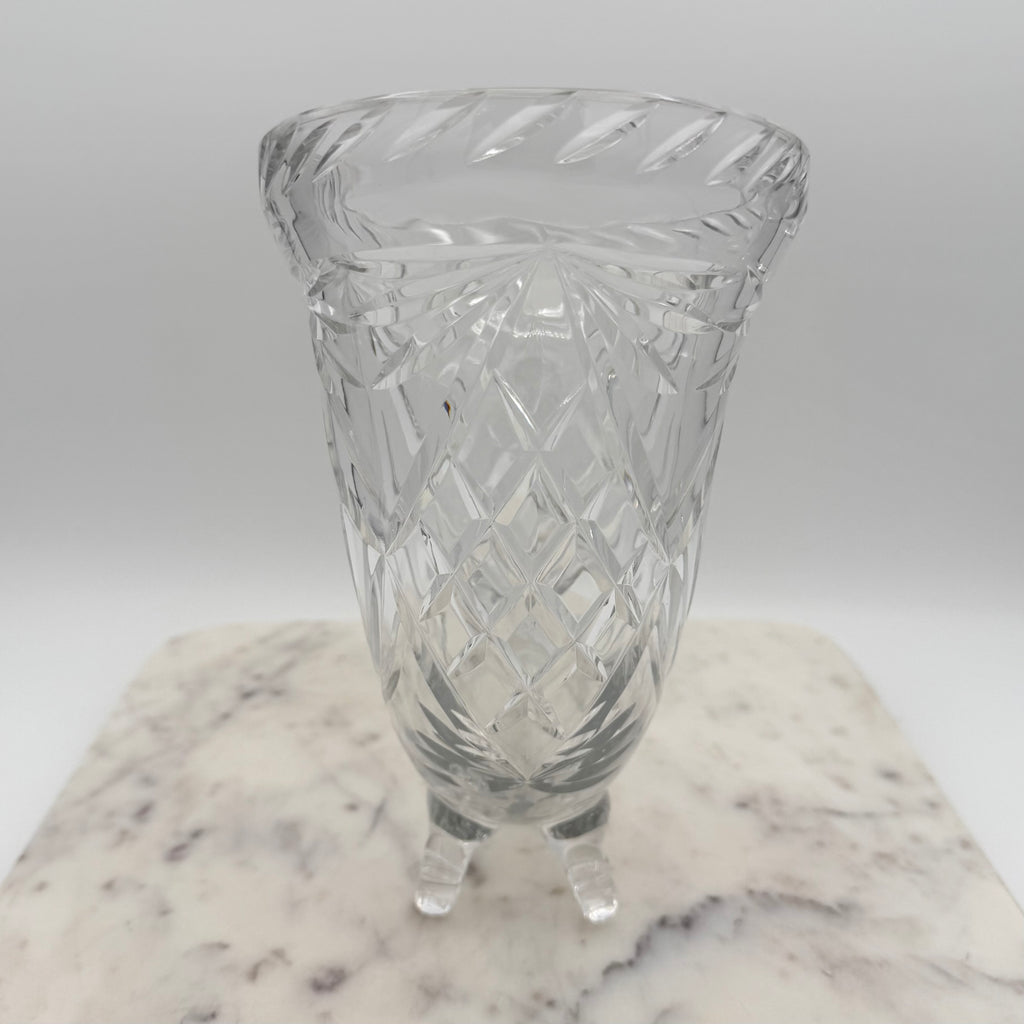 Vintage Footed 24% Lead Crystal Horn of Plenty Cornucopia Vase with Cut Facets