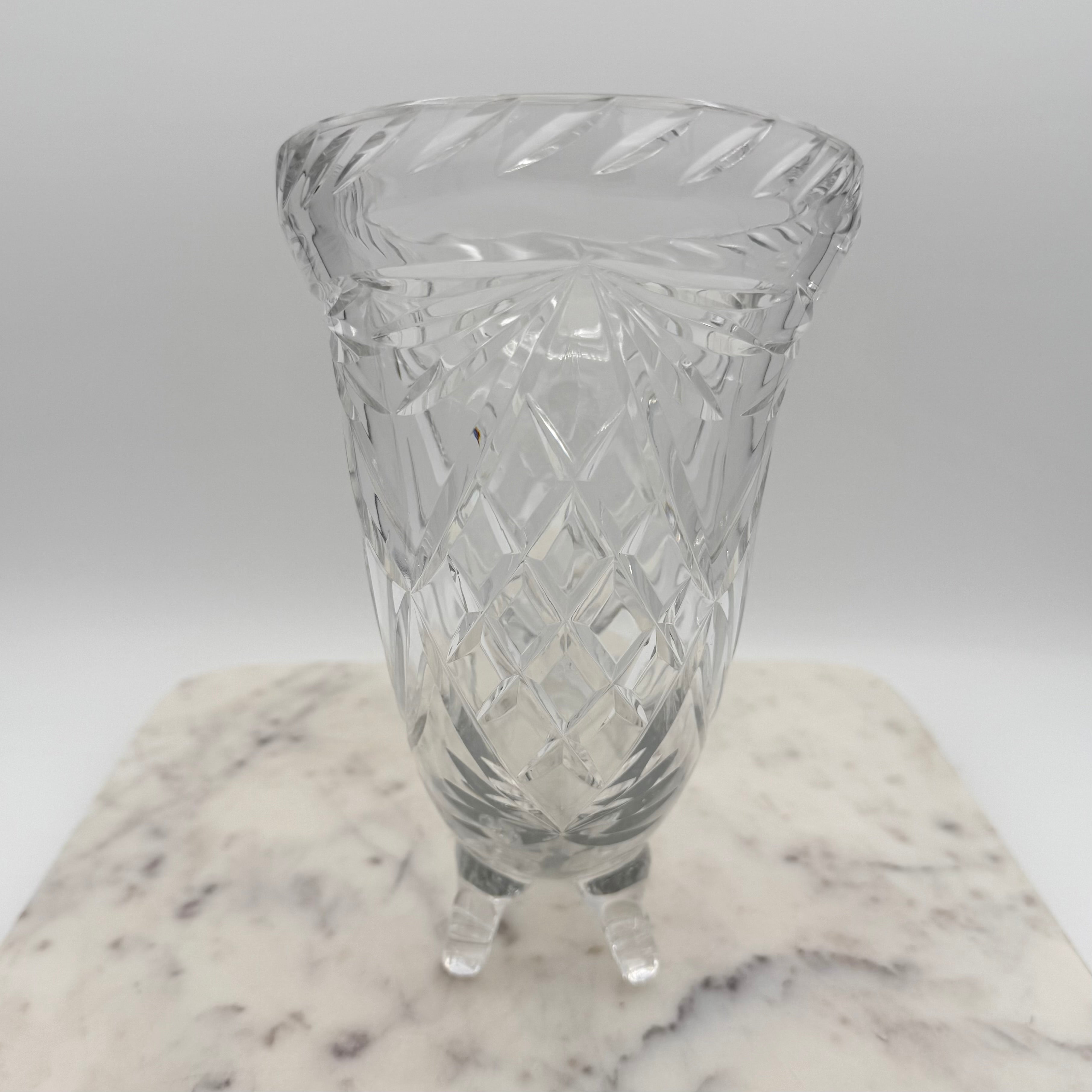 Vintage Footed 24% Lead Crystal Horn of Plenty Cornucopia Vase with Cut Facets