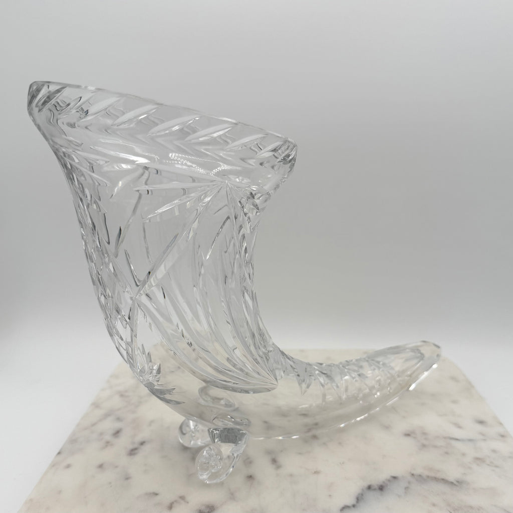 Vintage Footed 24% Lead Crystal Horn of Plenty Cornucopia Vase with Cut Facets