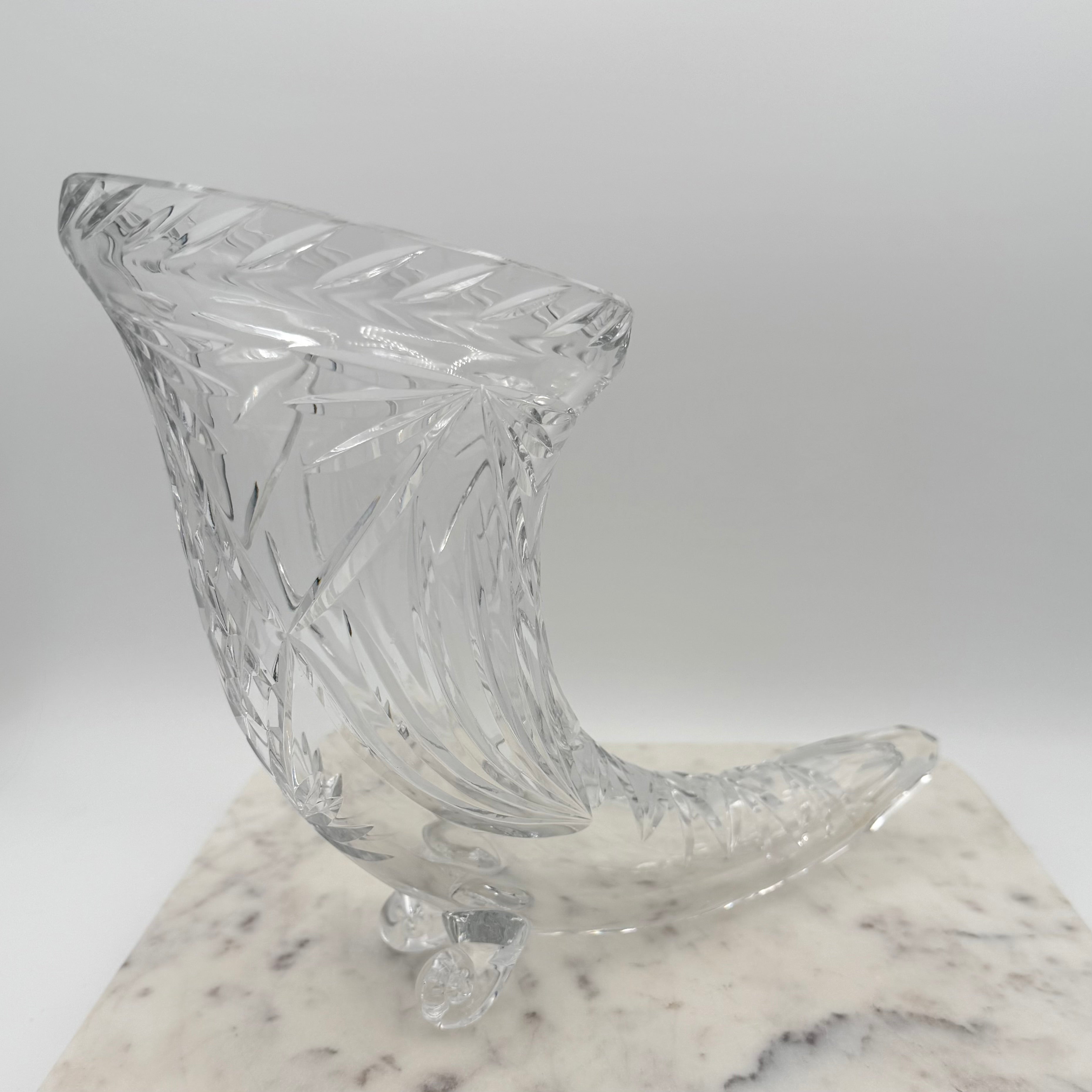 Vintage Footed 24% Lead Crystal Horn of Plenty Cornucopia Vase with Cut Facets