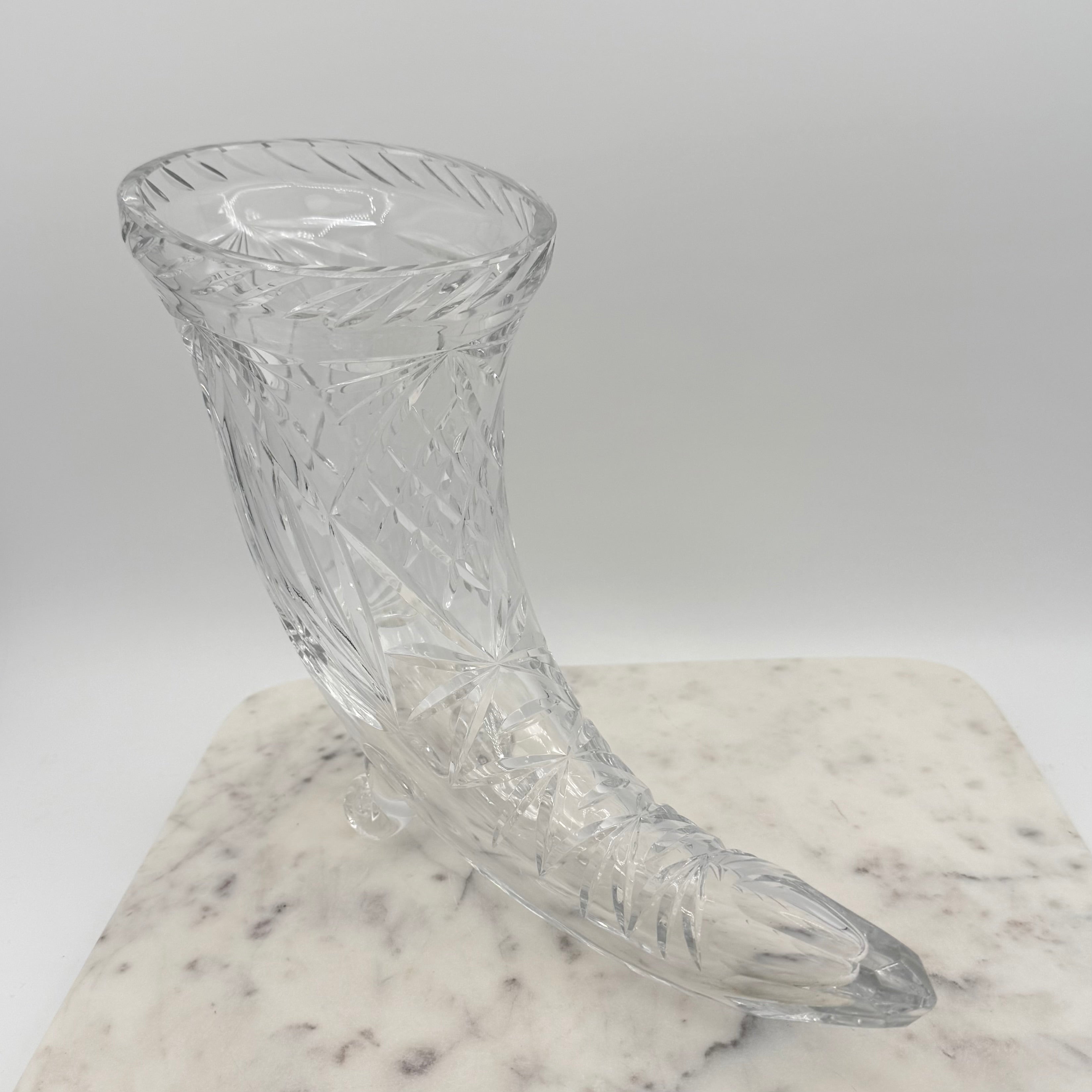 Vintage Footed 24% Lead Crystal Horn of Plenty Cornucopia Vase with Cut Facets