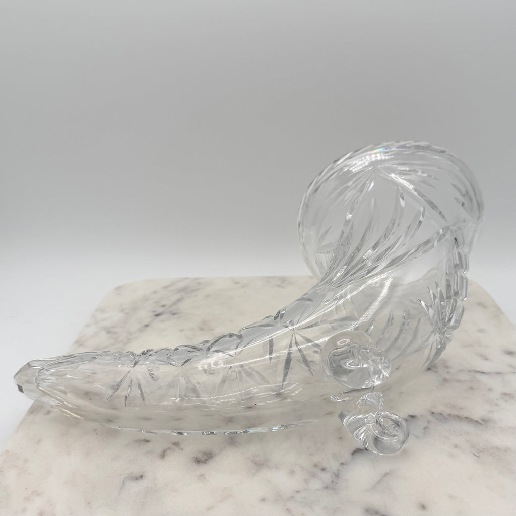 Vintage Footed 24% Lead Crystal Horn of Plenty Cornucopia Vase with Cut Facets
