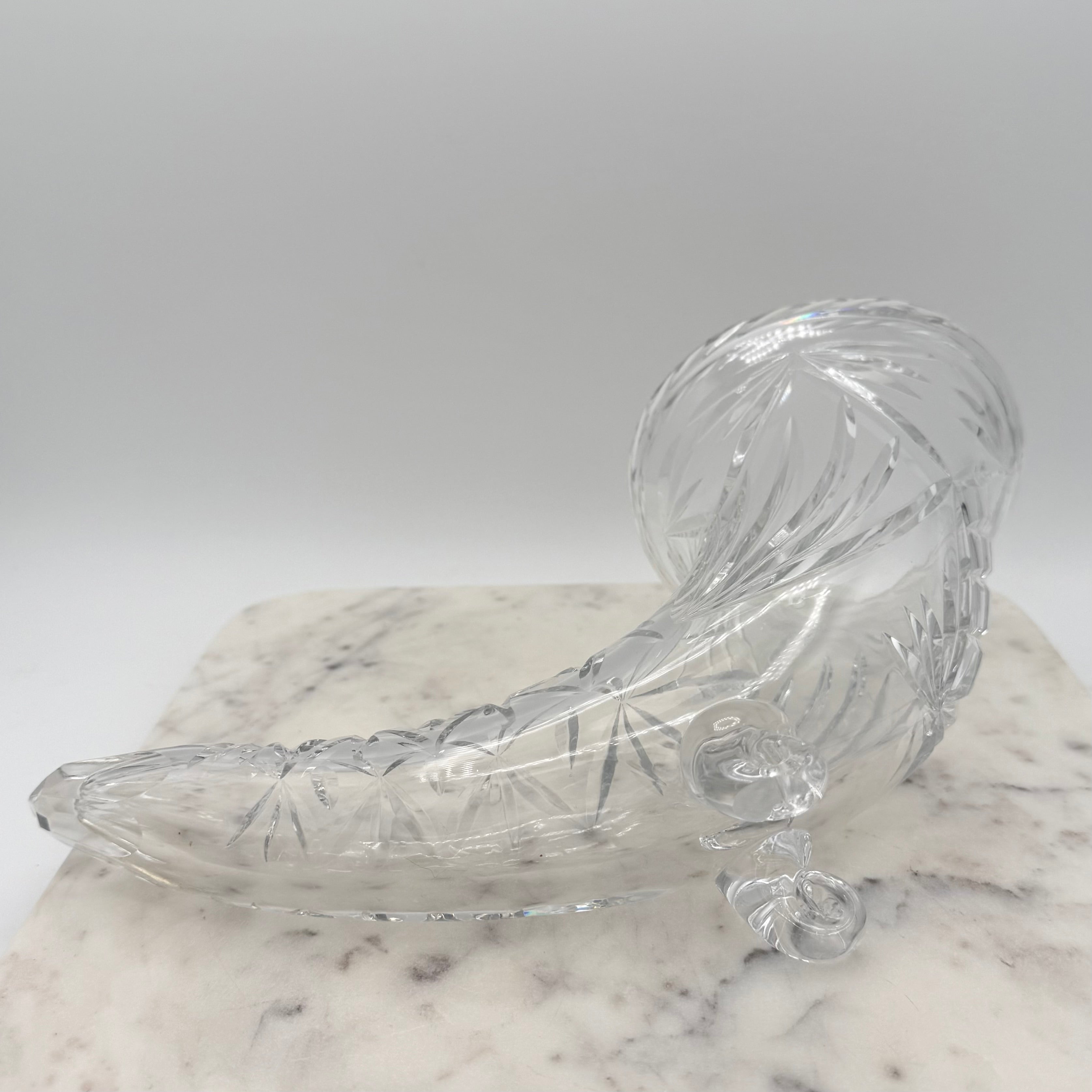 Vintage Footed 24% Lead Crystal Horn of Plenty Cornucopia Vase with Cut Facets