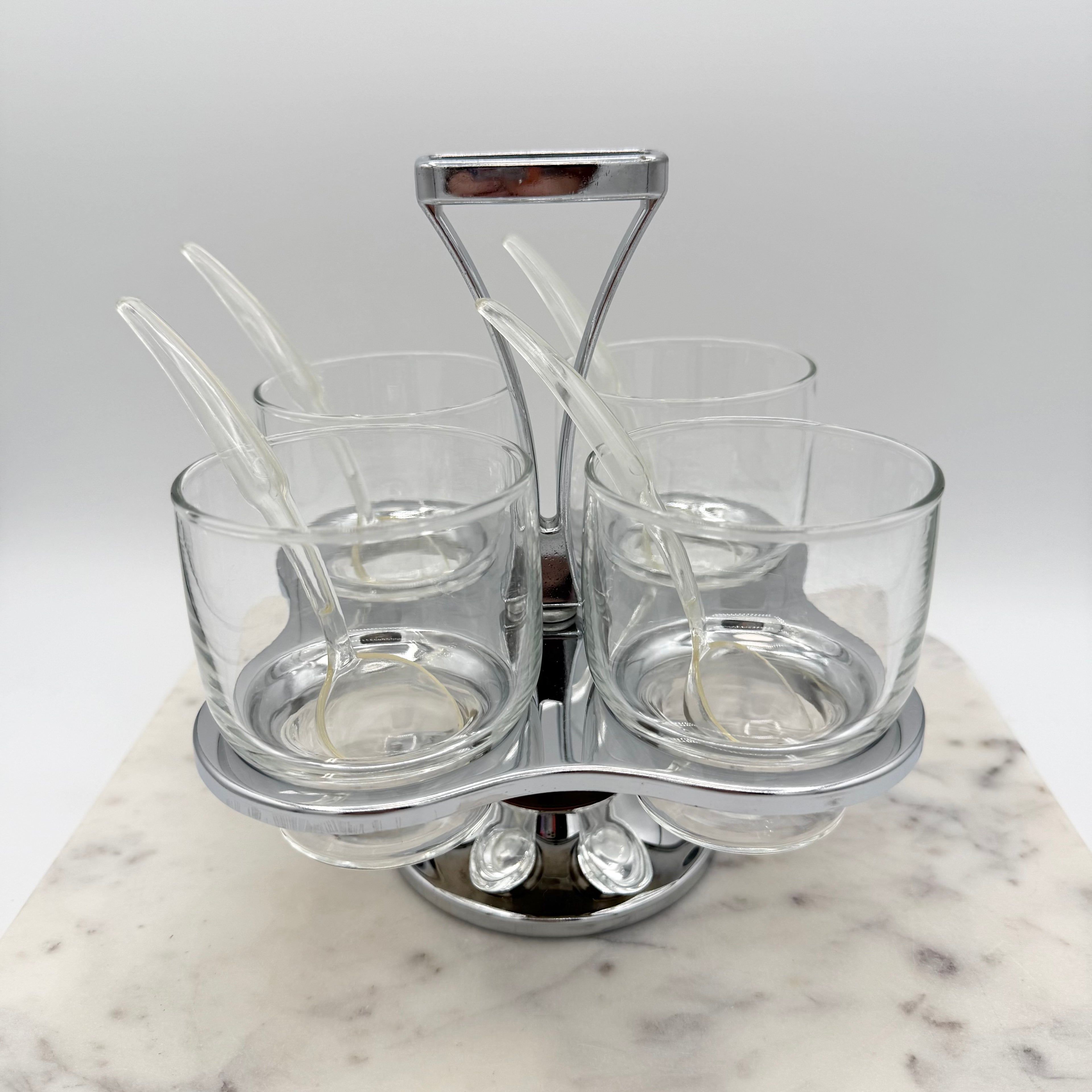 Faux Teak Metal Condiment Carousel Lazy Susan with 4 Glass Holders and Spoons