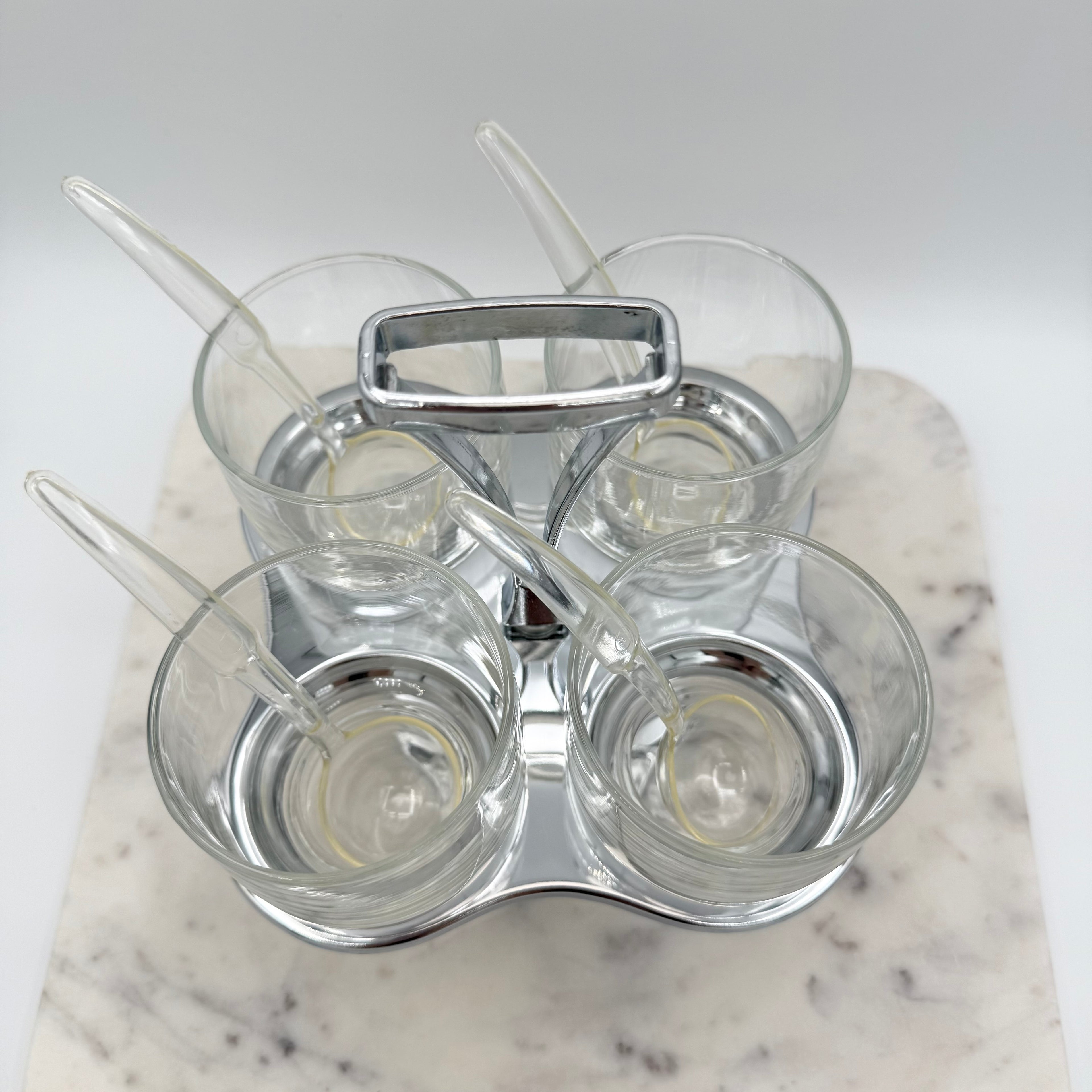 Faux Teak Metal Condiment Carousel Lazy Susan with 4 Glass Holders and Spoons