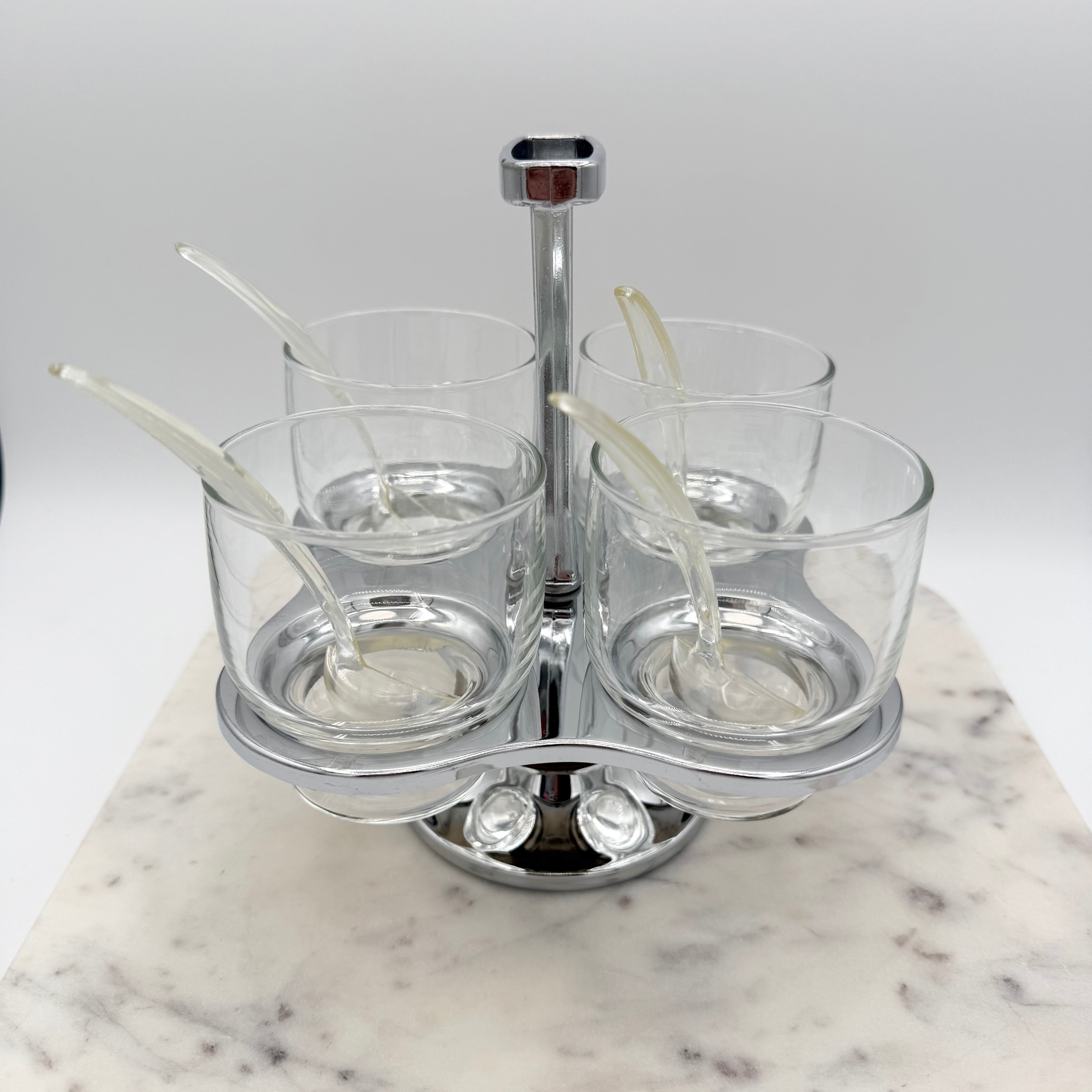 Faux Teak Metal Condiment Carousel Lazy Susan with 4 Glass Holders and Spoons