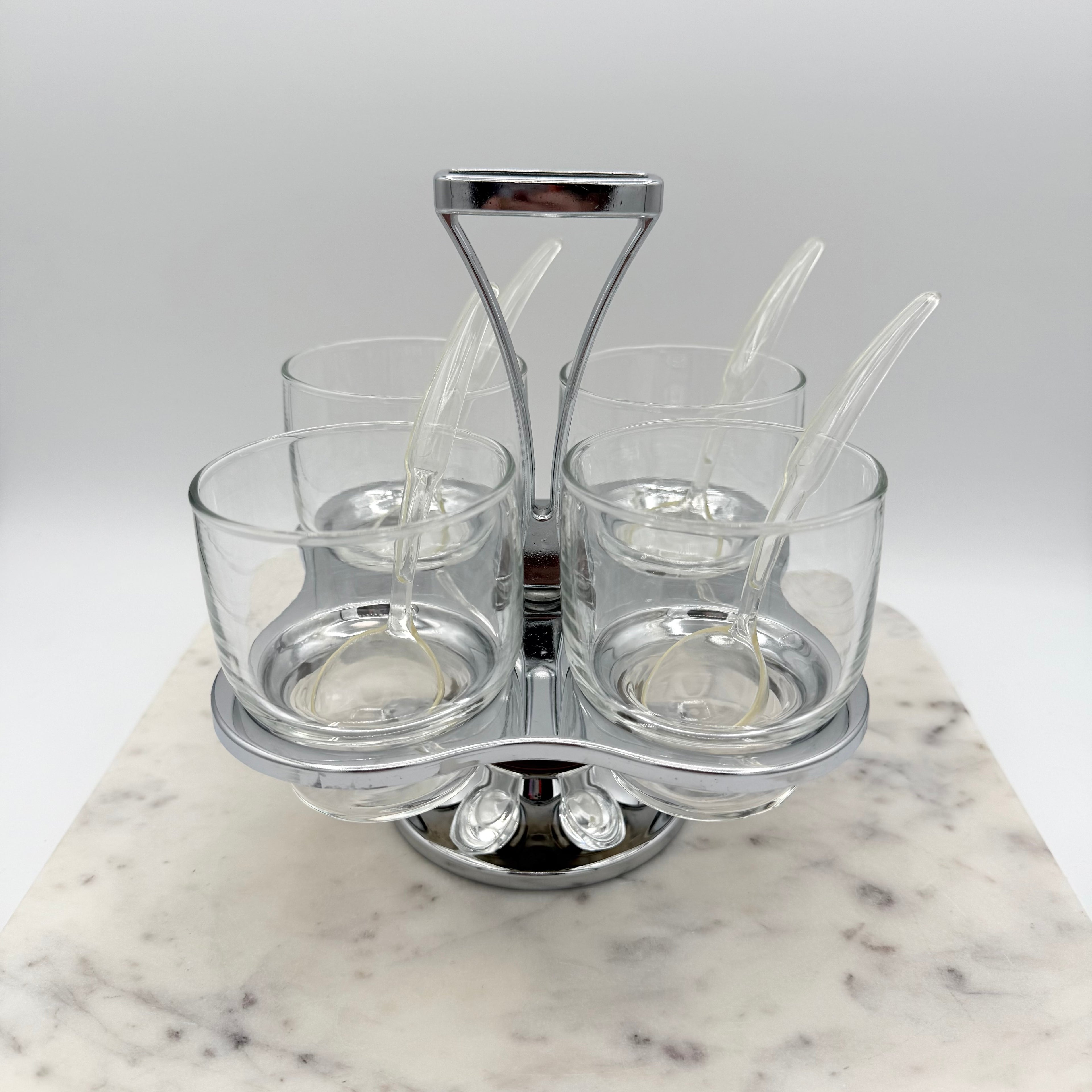 Faux Teak Metal Condiment Carousel Lazy Susan with 4 Glass Holders and Spoons