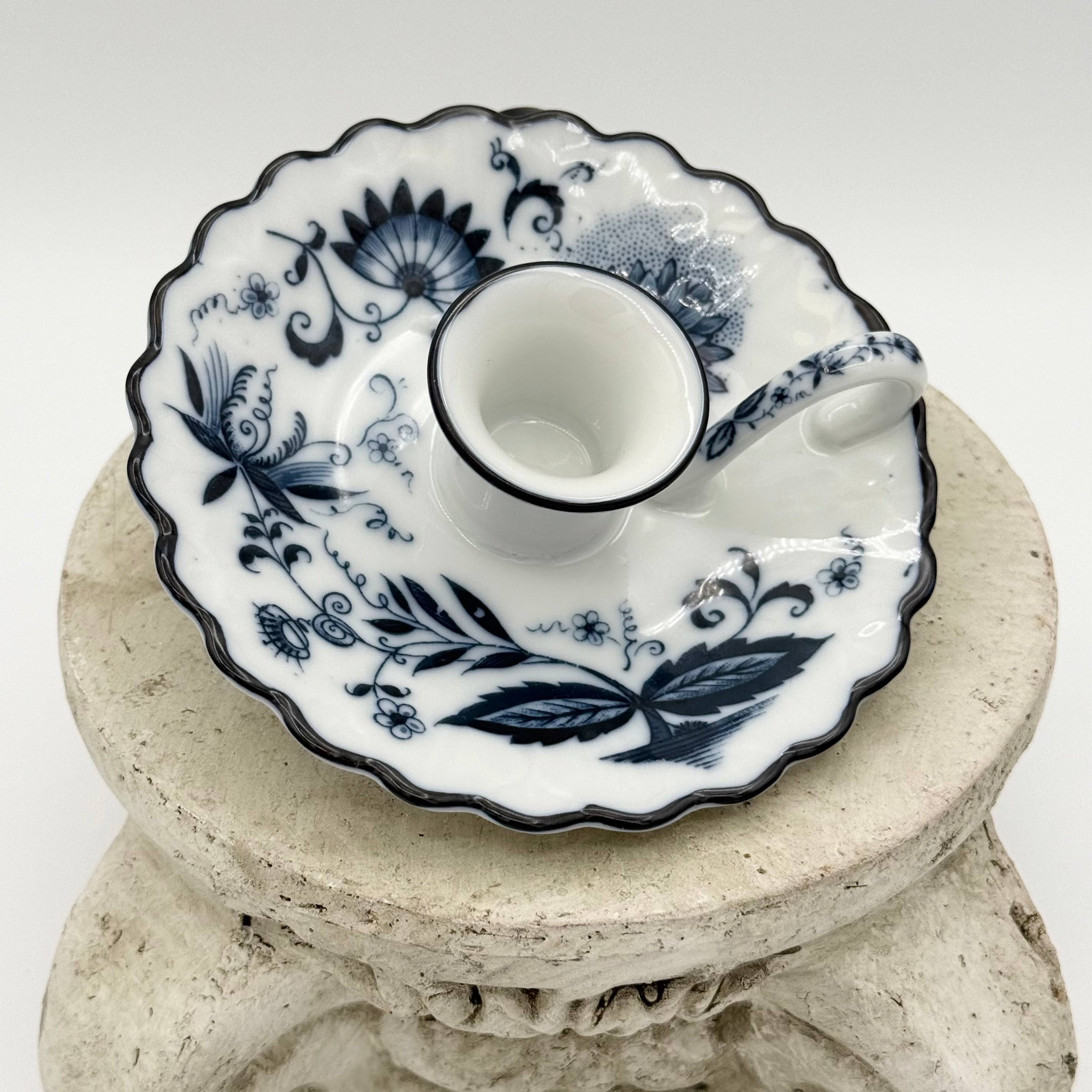 Vintage Meissen Style Blue Onion Porcelain Chamberstick Candle Holder