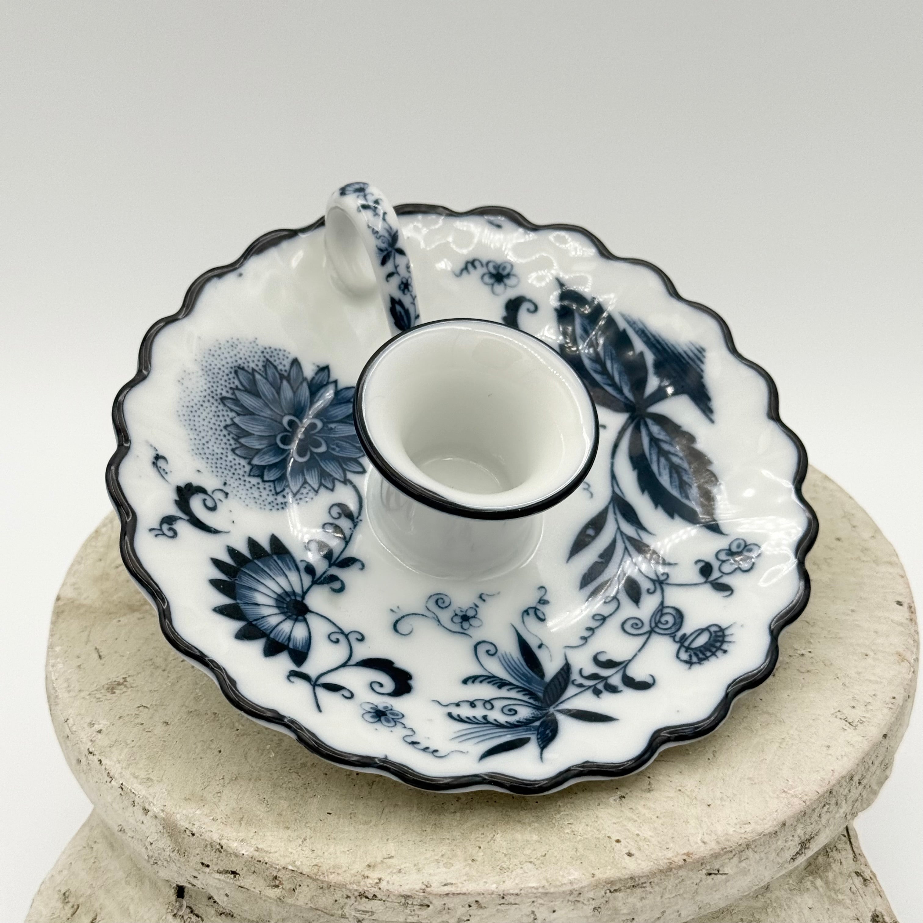 Vintage Meissen Style Blue Onion Porcelain Chamberstick Candle Holder