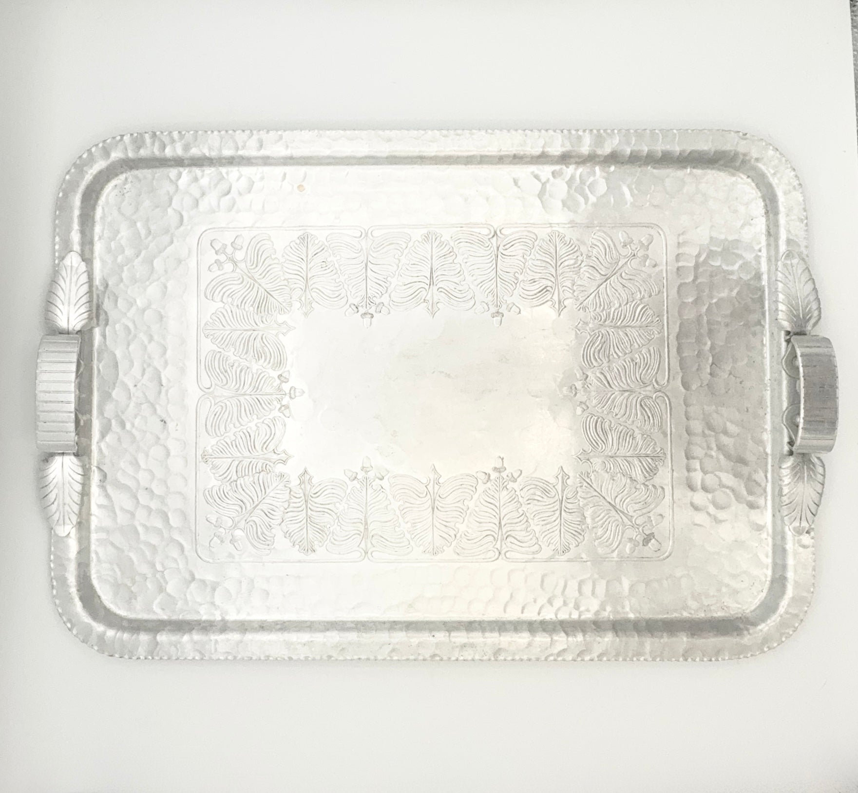 Trade Continental Hand Wrought Hammered Aluminum Serving Tray with Etched Acorns and Leaves