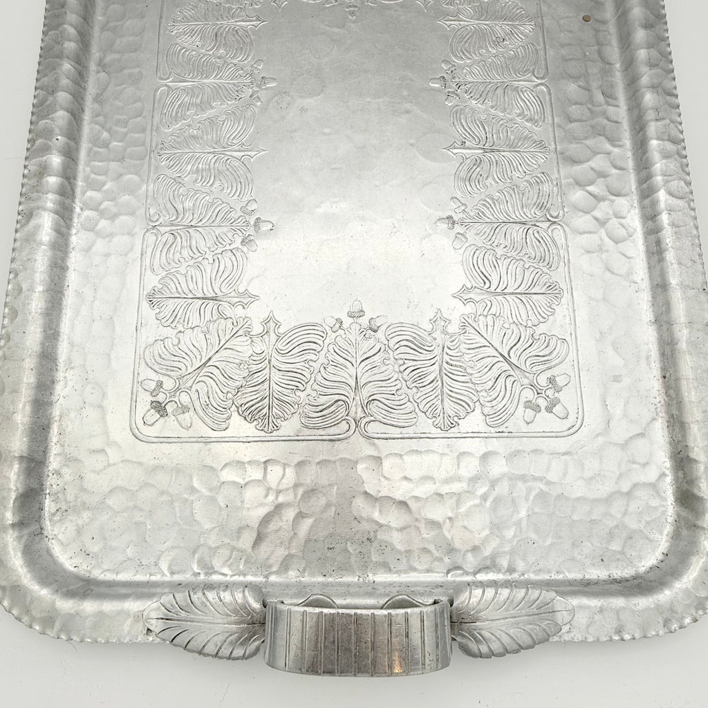 Trade Continental Hand Wrought Hammered Aluminum Serving Tray with Etched Acorns and Leaves