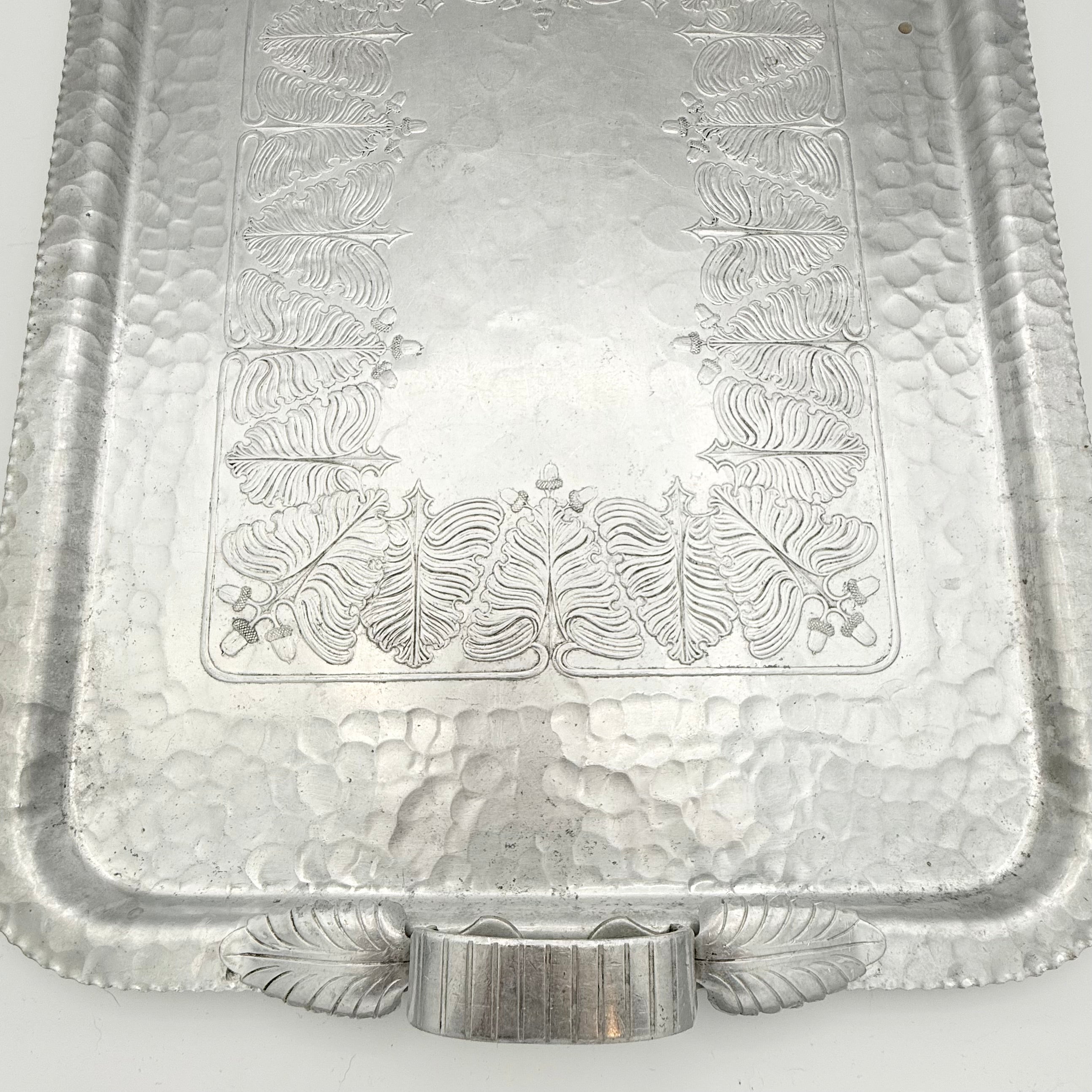 Trade Continental Hand Wrought Hammered Aluminum Serving Tray with Etched Acorns and Leaves