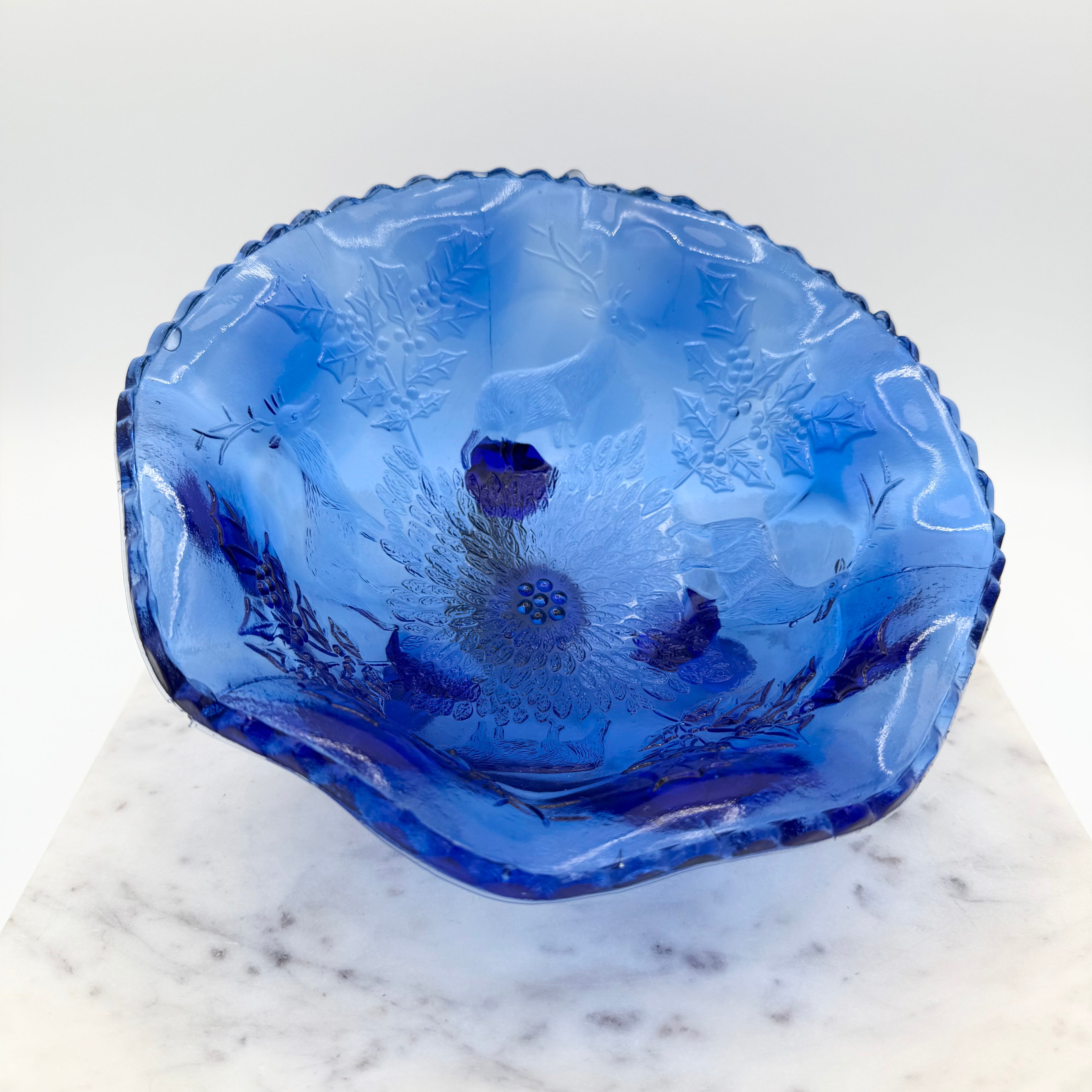 Vintage Fenton Blue Glass Stag Deer and Holly Footed Bowl