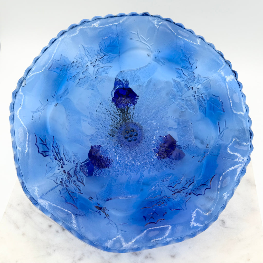 Vintage Fenton Blue Glass Stag Deer and Holly Footed Bowl