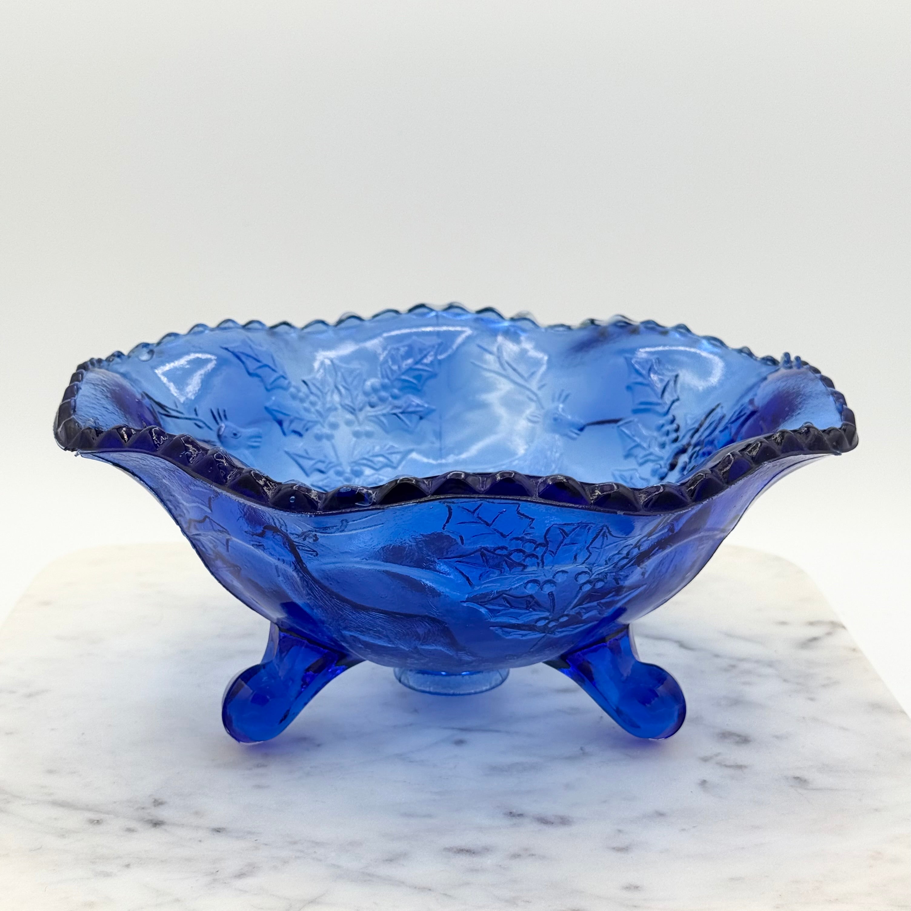 Vintage Fenton Blue Glass Stag Deer and Holly Footed Bowl