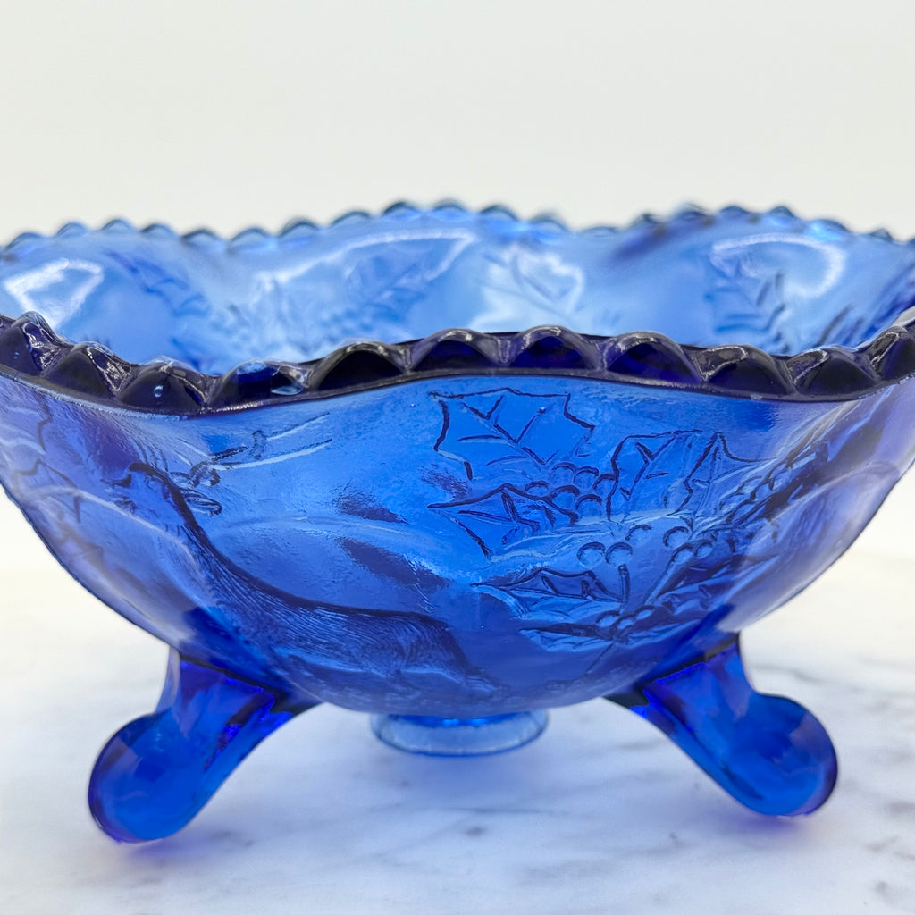 Vintage Fenton Blue Glass Stag Deer and Holly Footed Bowl