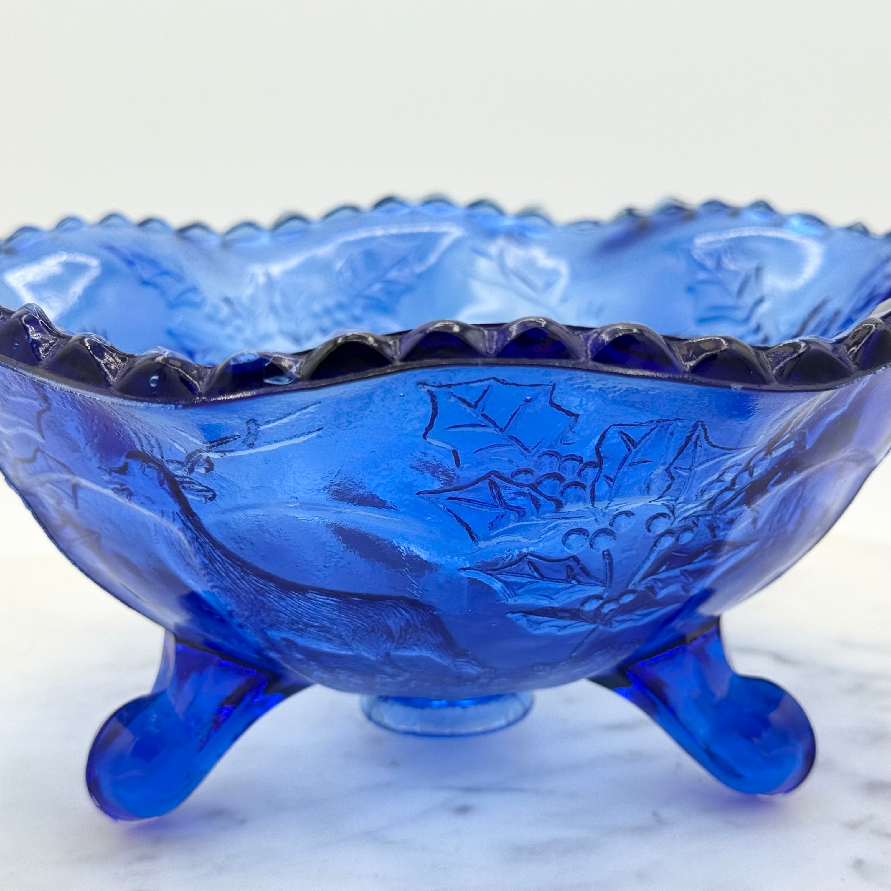 Vintage Fenton Blue Glass Stag Deer and Holly Footed Bowl