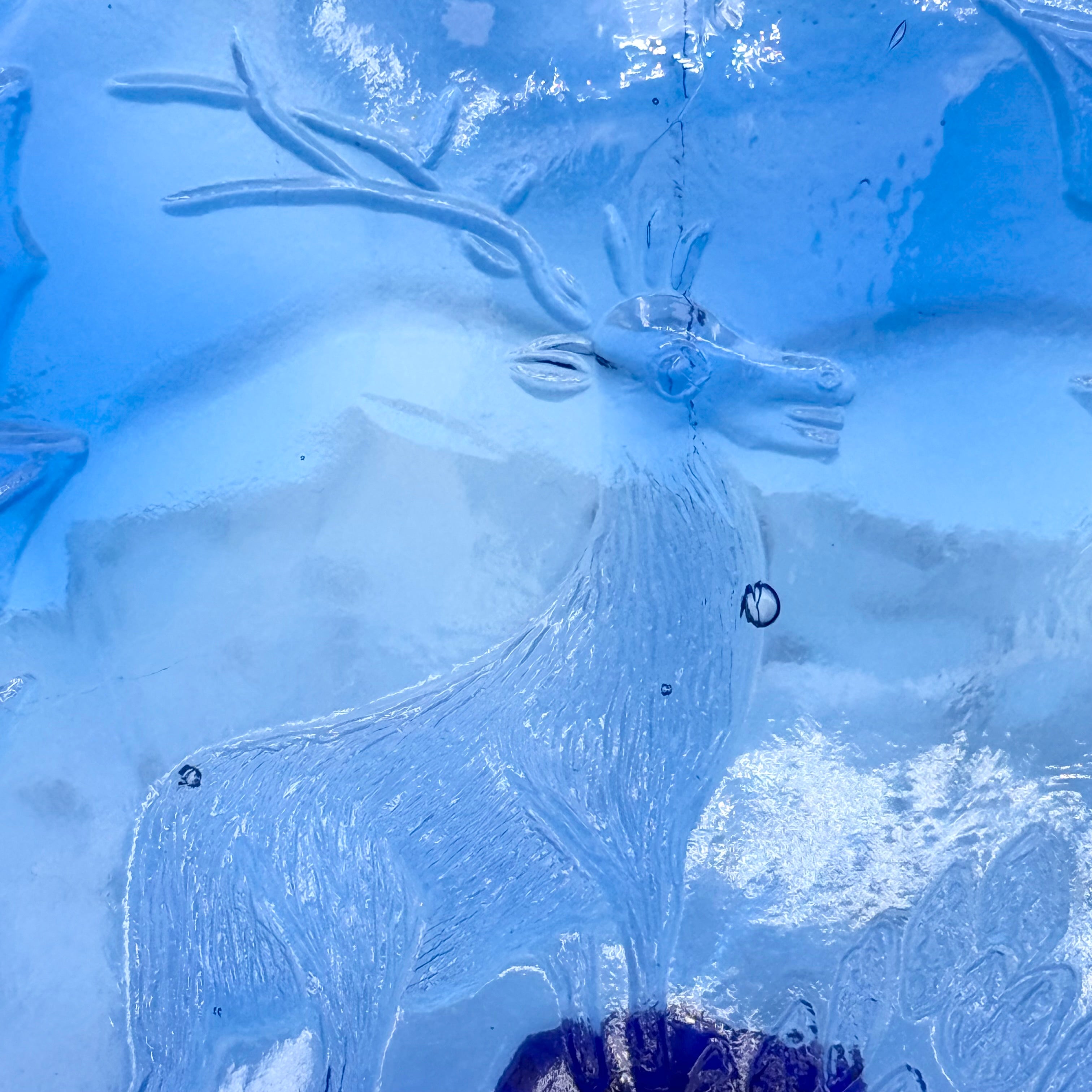 Vintage Fenton Blue Glass Stag Deer and Holly Footed Bowl