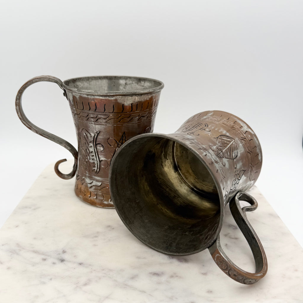 Vintage Scribed Botanical Design Brass and Silver Toned Metal Tankard Mugs, Set of 2