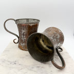 Vintage Scribed Botanical Design Brass and Silver Toned Metal Tankard Mugs, Set of 2