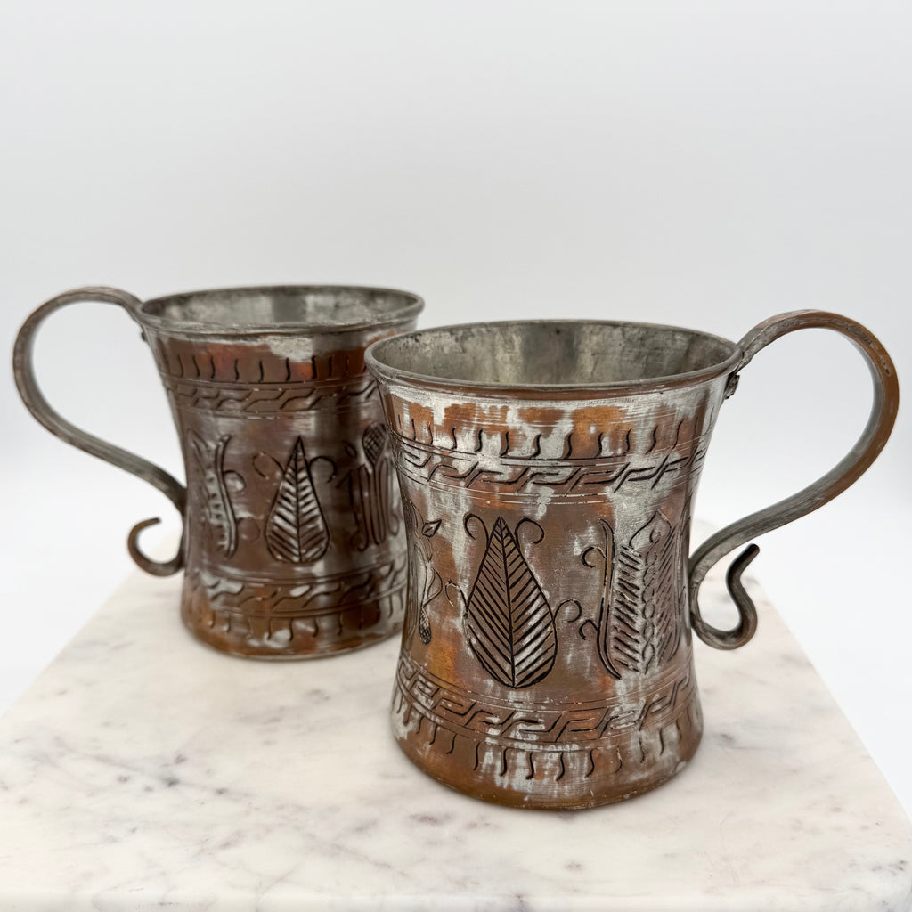 Vintage Scribed Botanical Design Brass and Silver Toned Metal Tankard Mugs, Set of 2